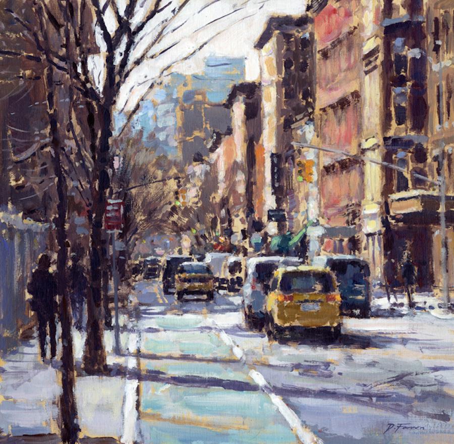 David Farren Landscape Painting - Winter Sun, Greenwich Village  original City landscape painting