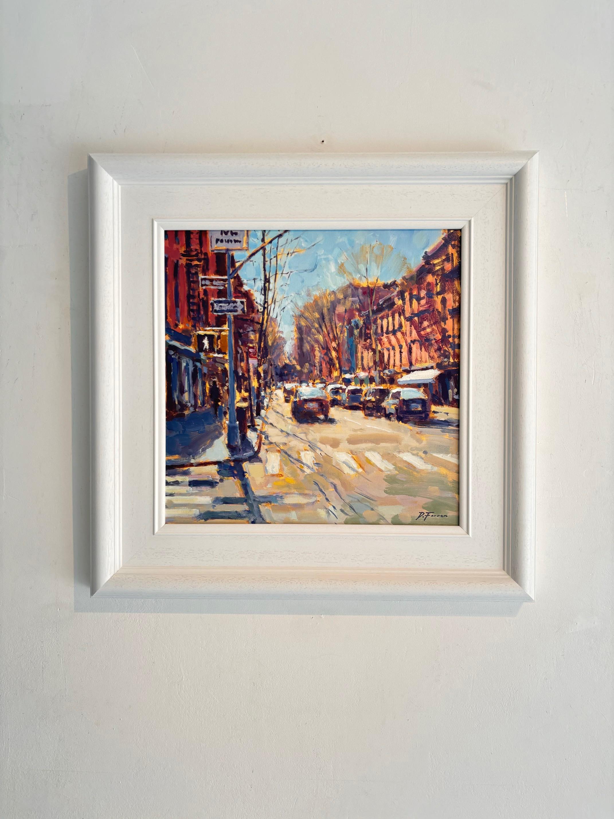 Winter Sunshine, Bleeker Street-original impressionism London cityscape painting - Painting de David Farren