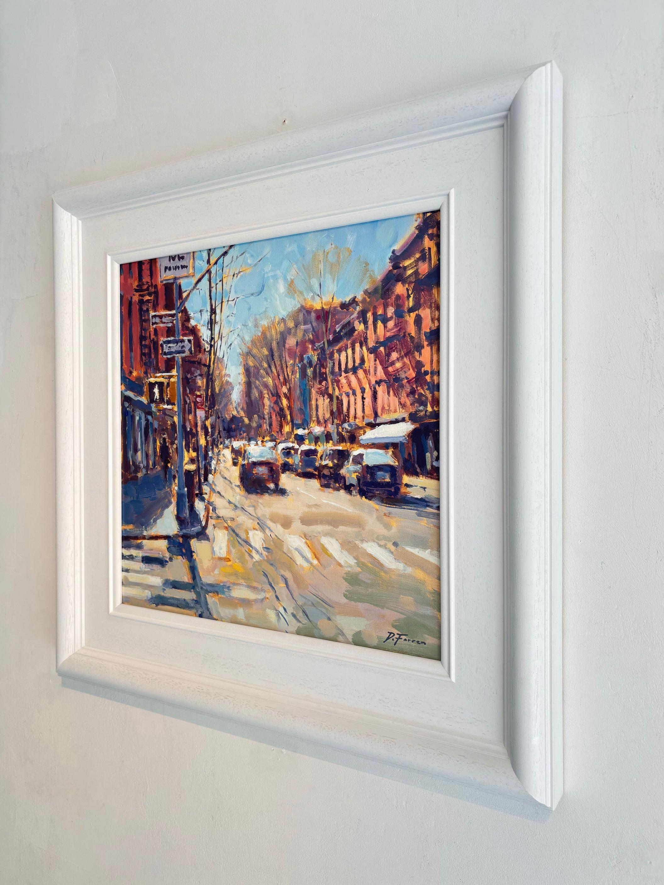 Winter Sunshine, Bleeker Street-original impressionism London cityscape painting - Impressionnisme Painting par David Farren