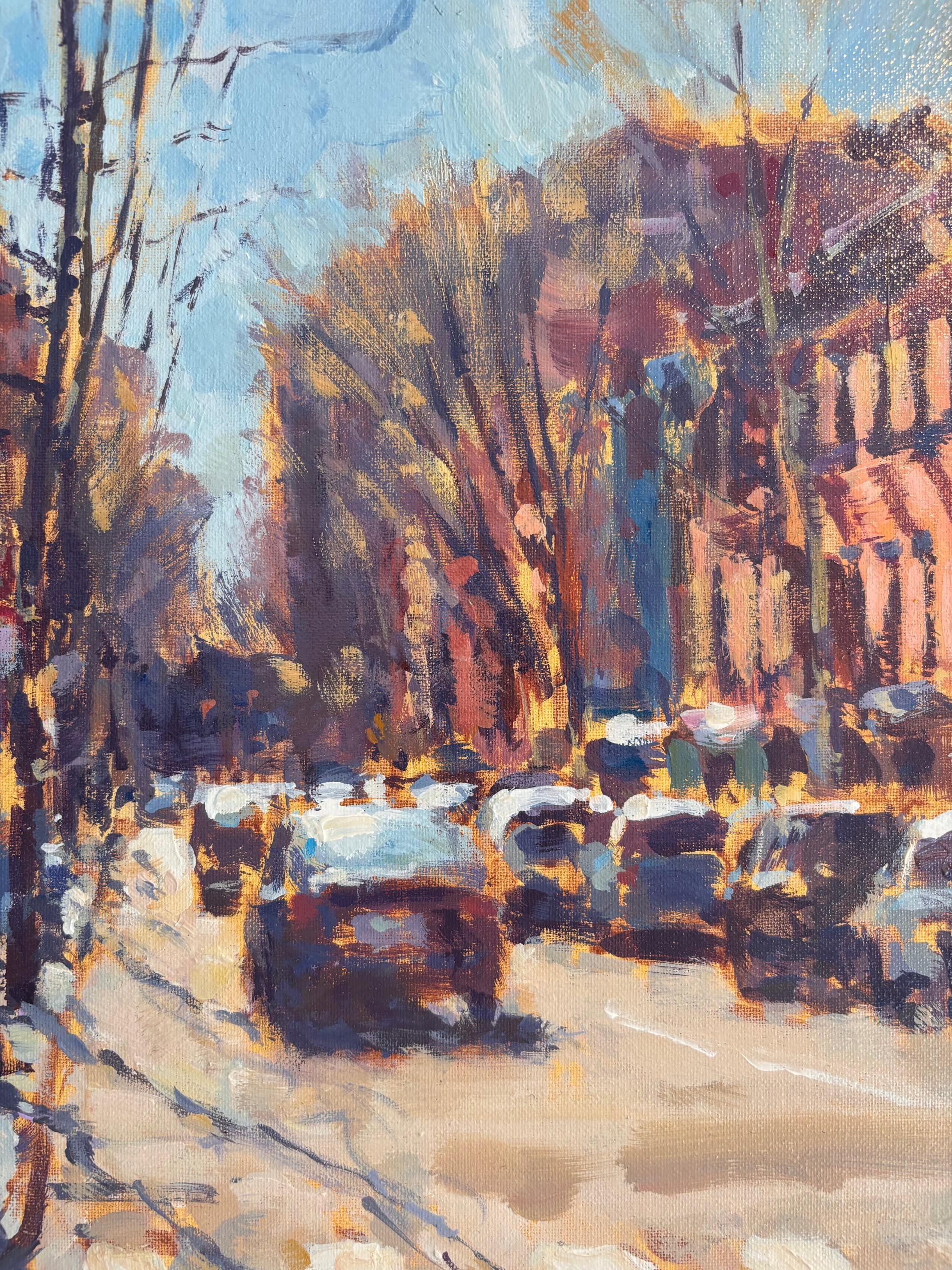 Winter Sunshine, Bleeker Street-original impressionism London cityscape painting - Gris Abstract Painting par David Farren