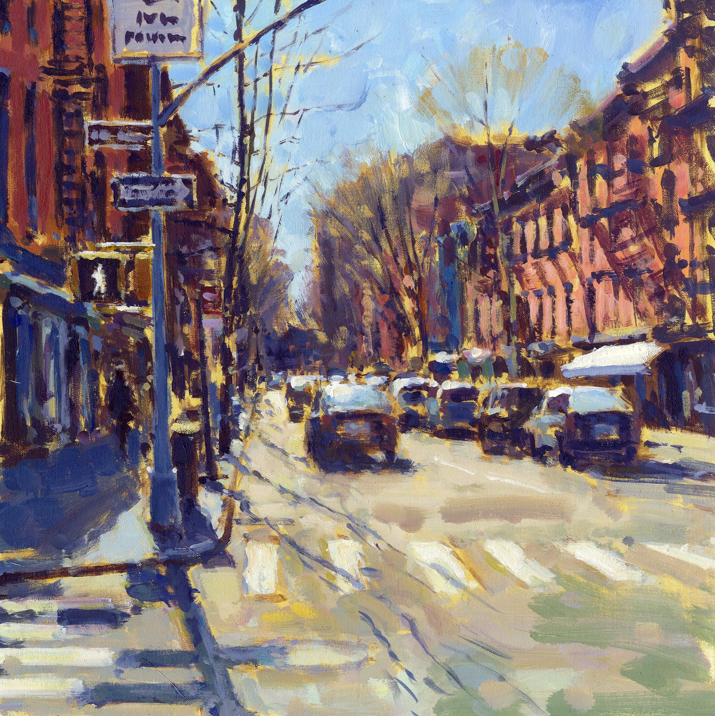 Abstract Painting David Farren - Winter Sunshine, Bleeker Street-original impressionism London cityscape painting