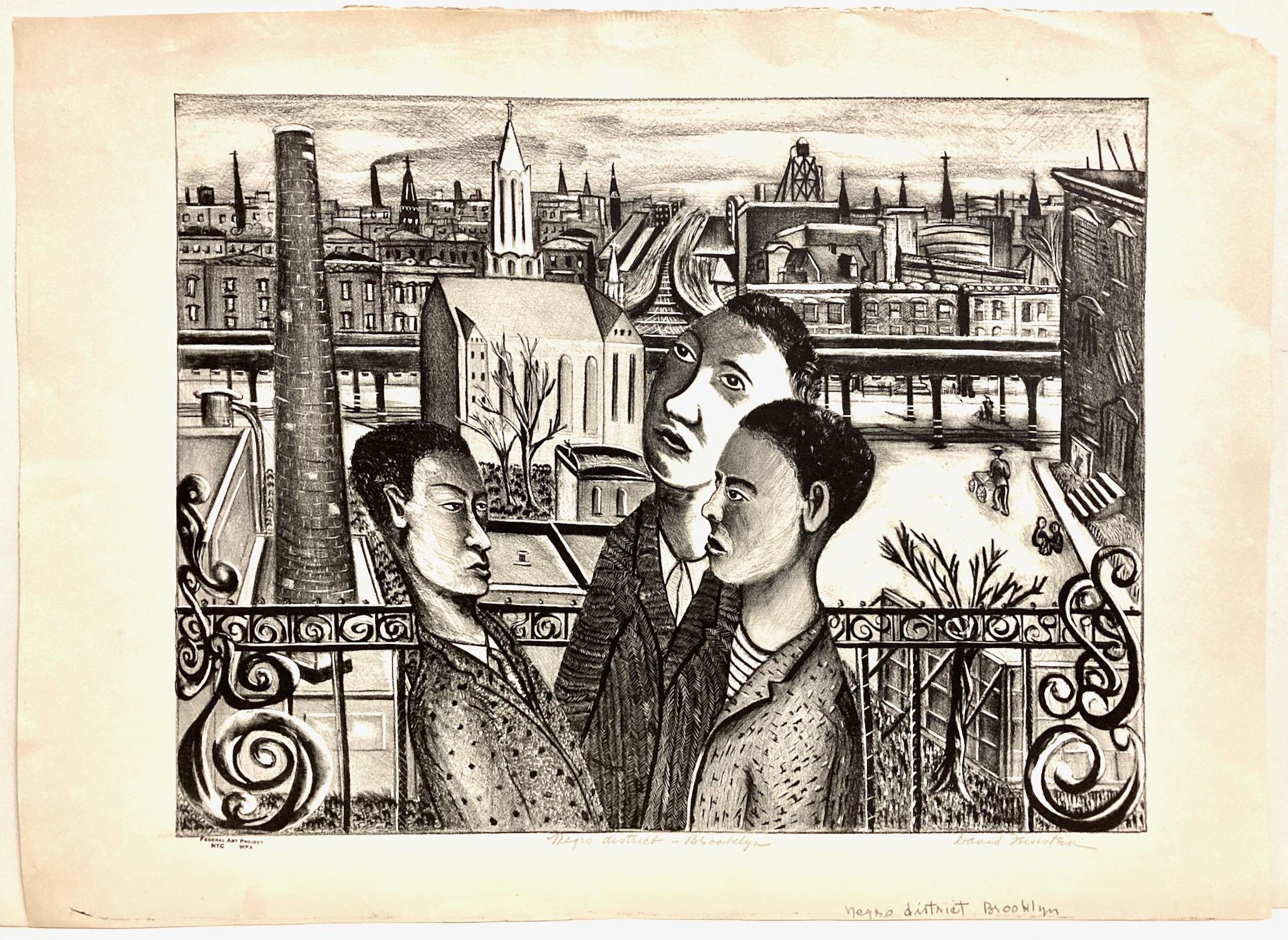 David Feinstein, Negro District, Brooklyn, 1936-39, WPA lithograph - Print by david feinstein