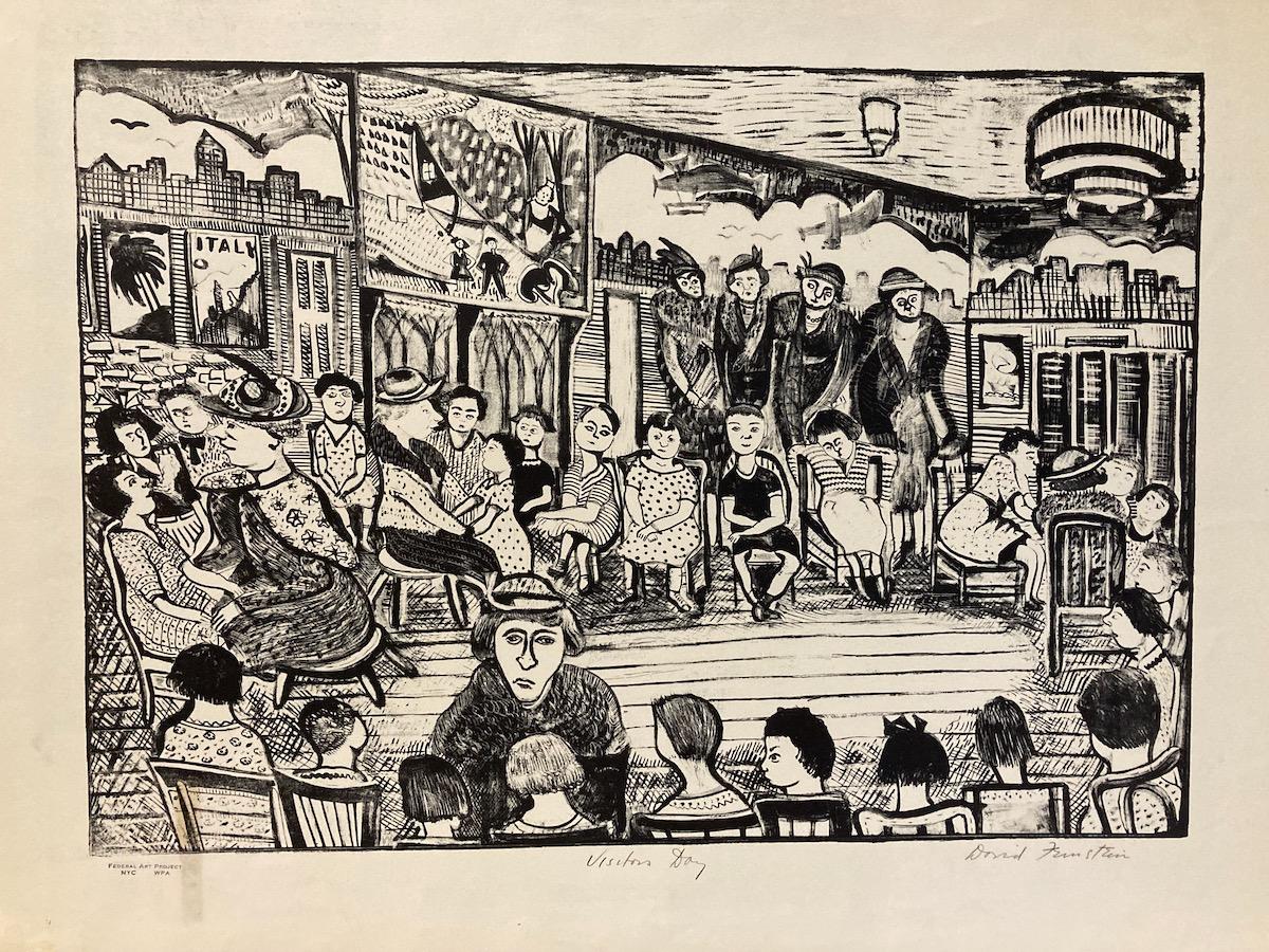 David Feinstein, Visitors' Day, WPA lithograph of NYC Public School - Beige Figurative Print by david feinstein