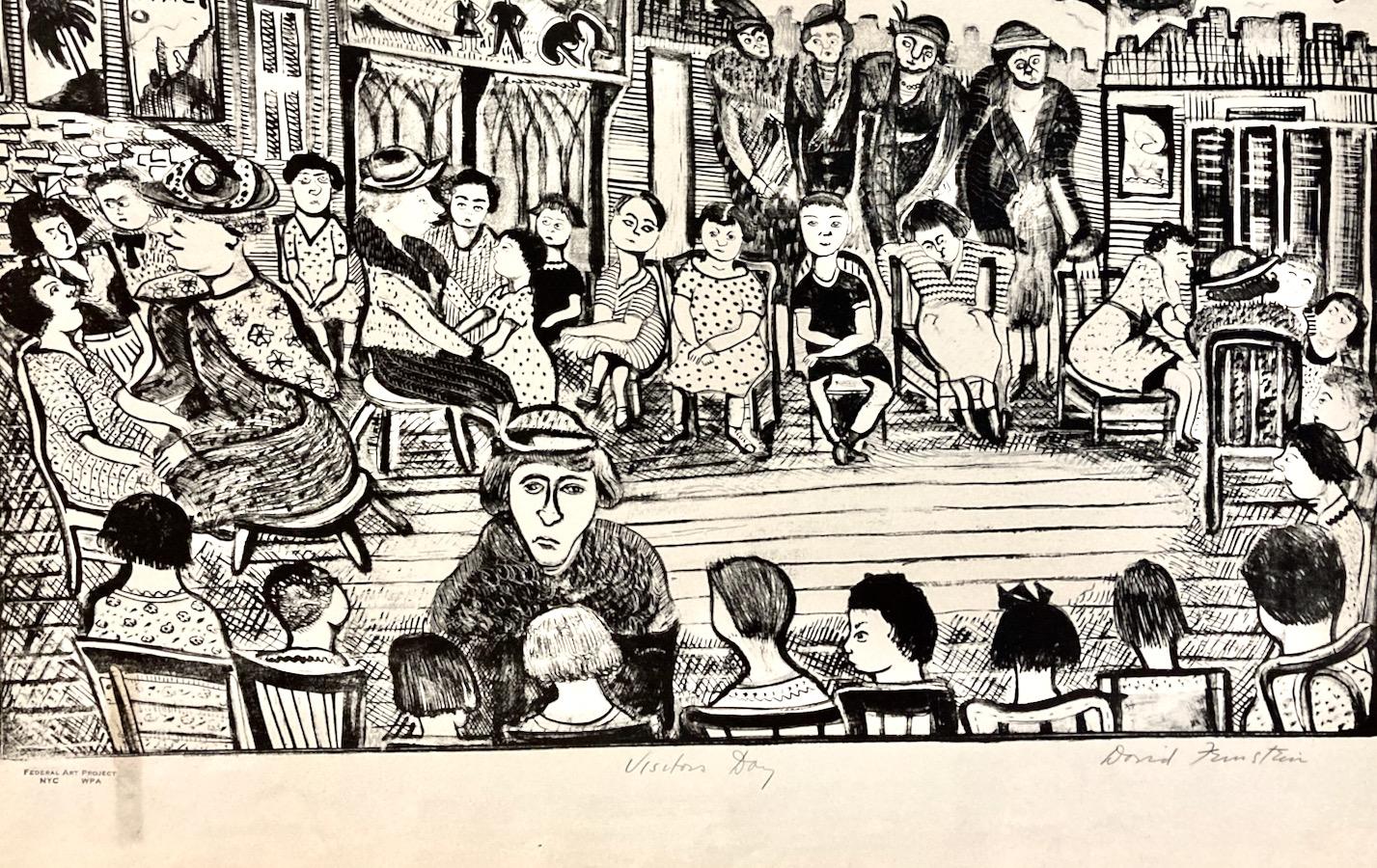 David Feintstein is a master draughtsman working in the genre of everyday life in New York City. His style is highly original, especially in this work. Here he's used Visitors' Day (probably at his local NYC Public School) to show every manner of