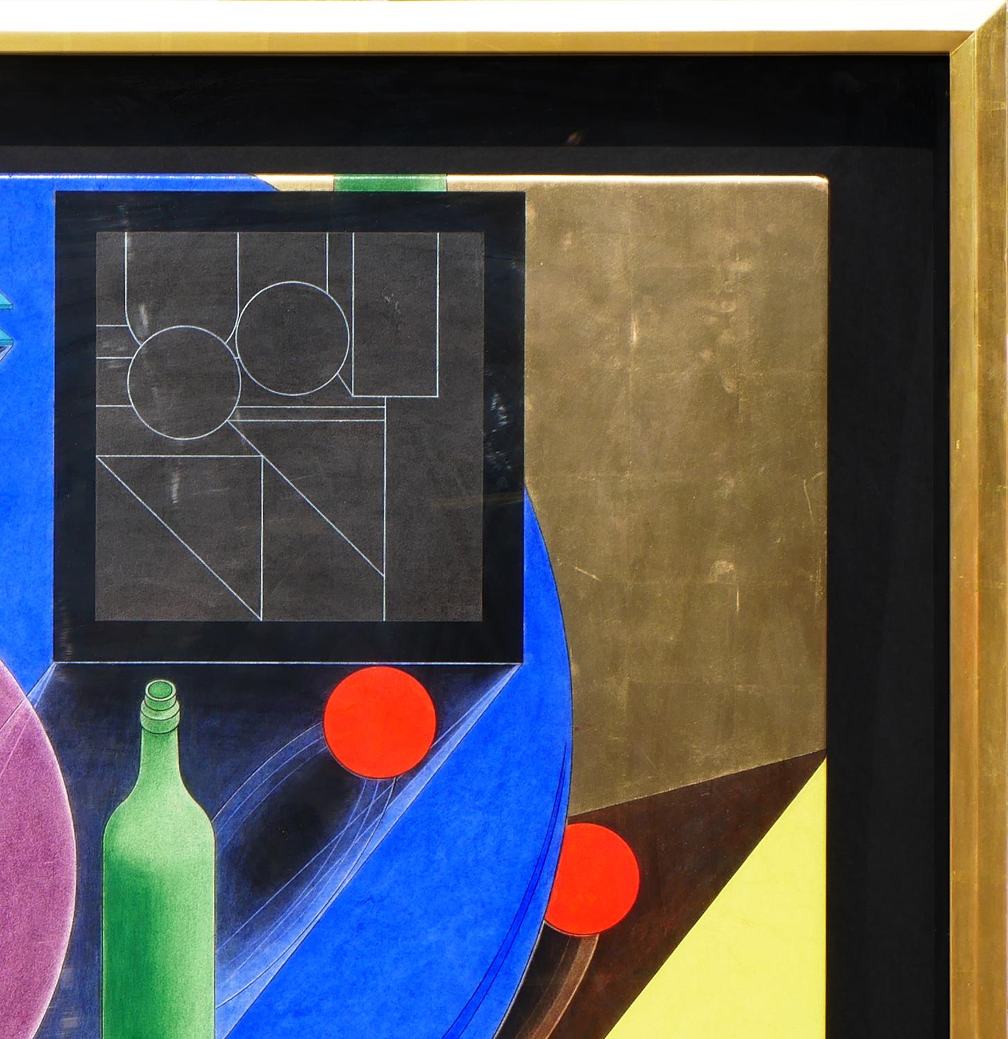Modern primary toned abstract still life by Oklahoma artist David Landis Fick. The work features a collection of items, such as a plate, bottle, and a book, arranged on a bright blue table and set against a red, yellow, and gold background. Inspired