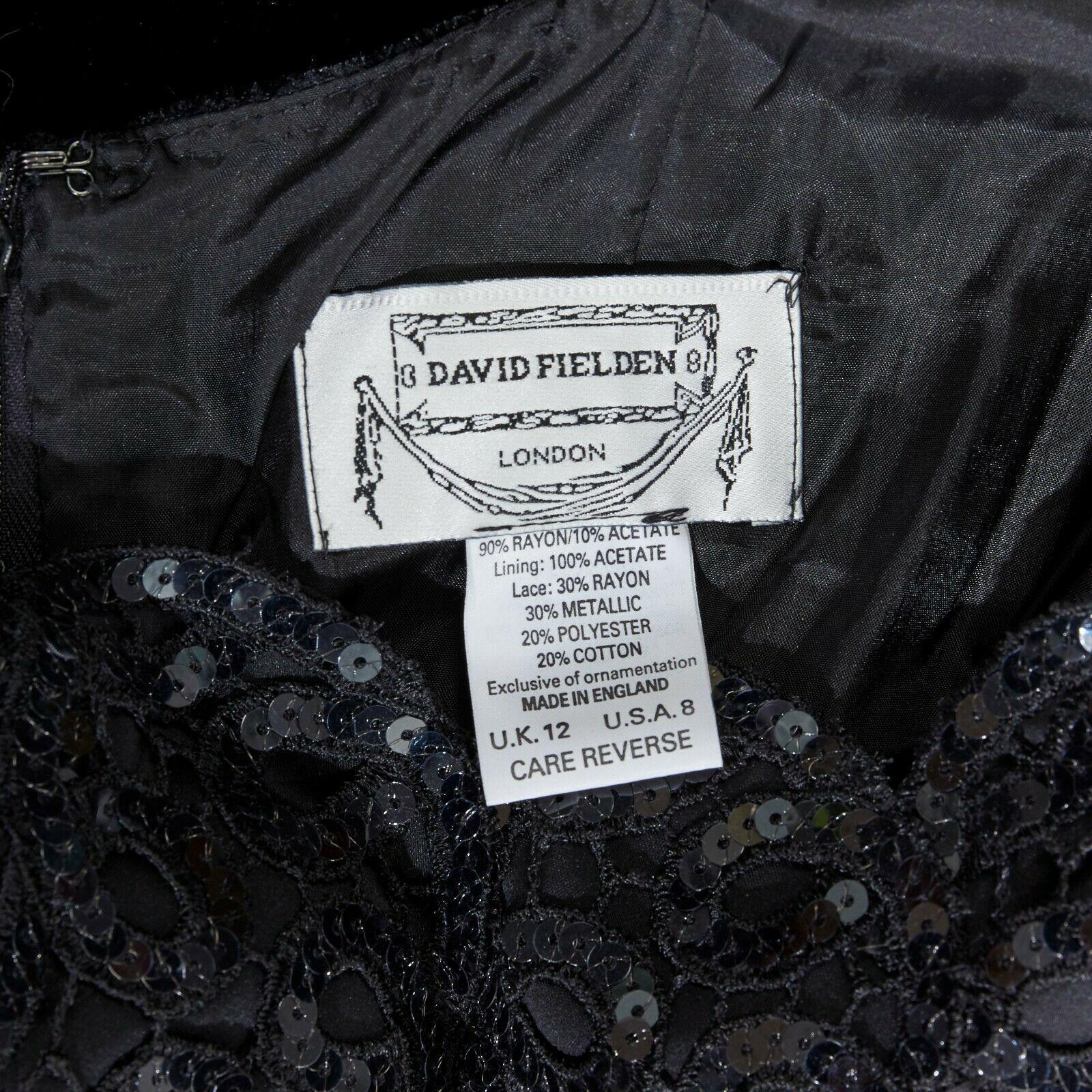 DAVID FIELDEN black velvet sequins lace scallop neckline gown dress UK12 US8 M 6