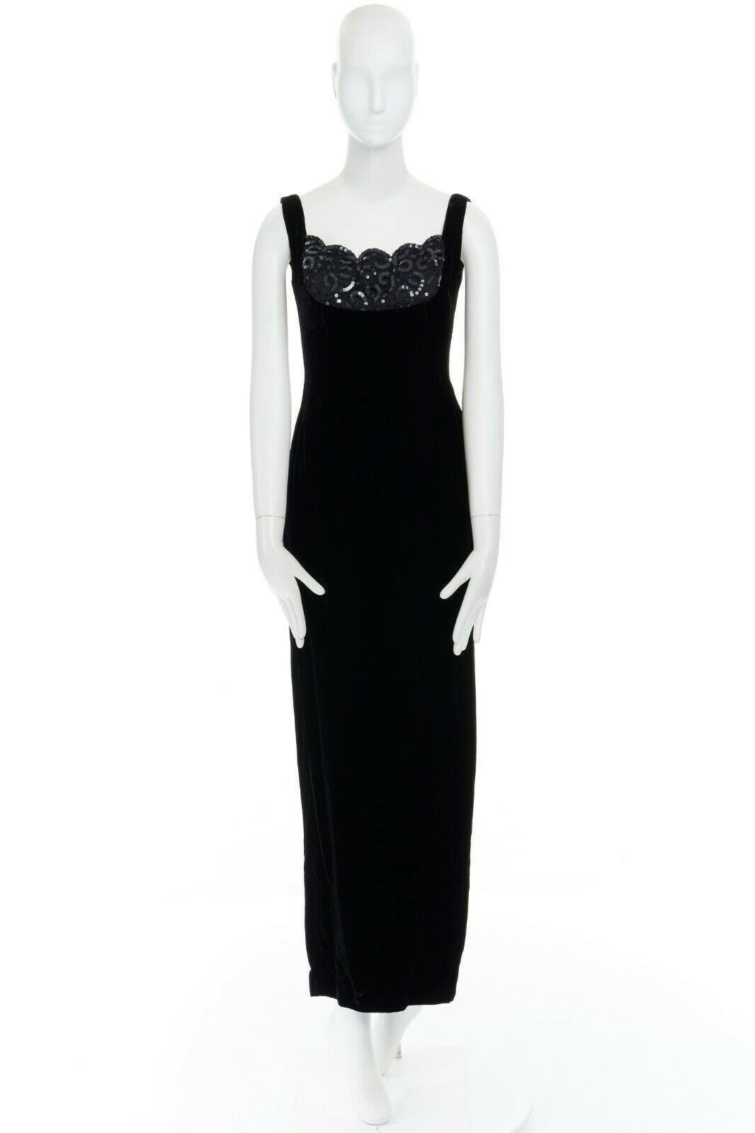 Black DAVID FIELDEN black velvet sequins lace scallop neckline gown dress UK12 US8 M