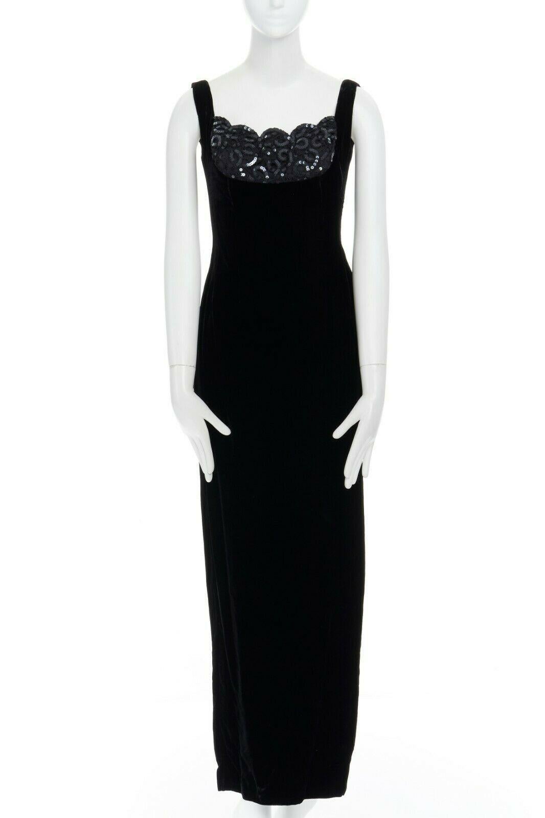 DAVID FIELDEN black velvet sequins lace scallop neckline gown dress UK12 US8 M In Good Condition In Hong Kong, NT
