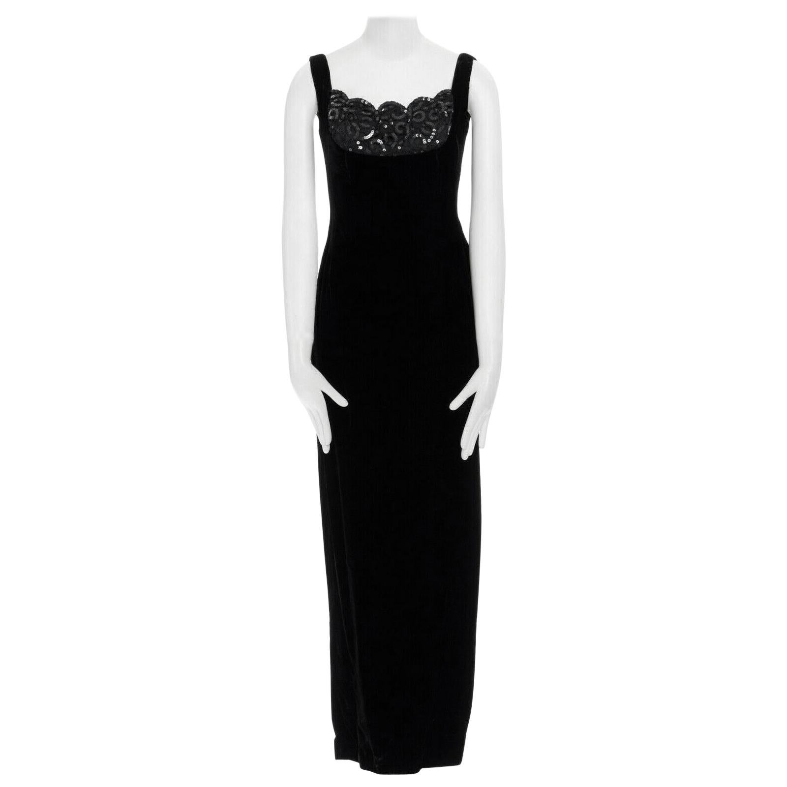 DAVID FIELDEN black velvet sequins lace scallop neckline gown dress UK12 US8 M