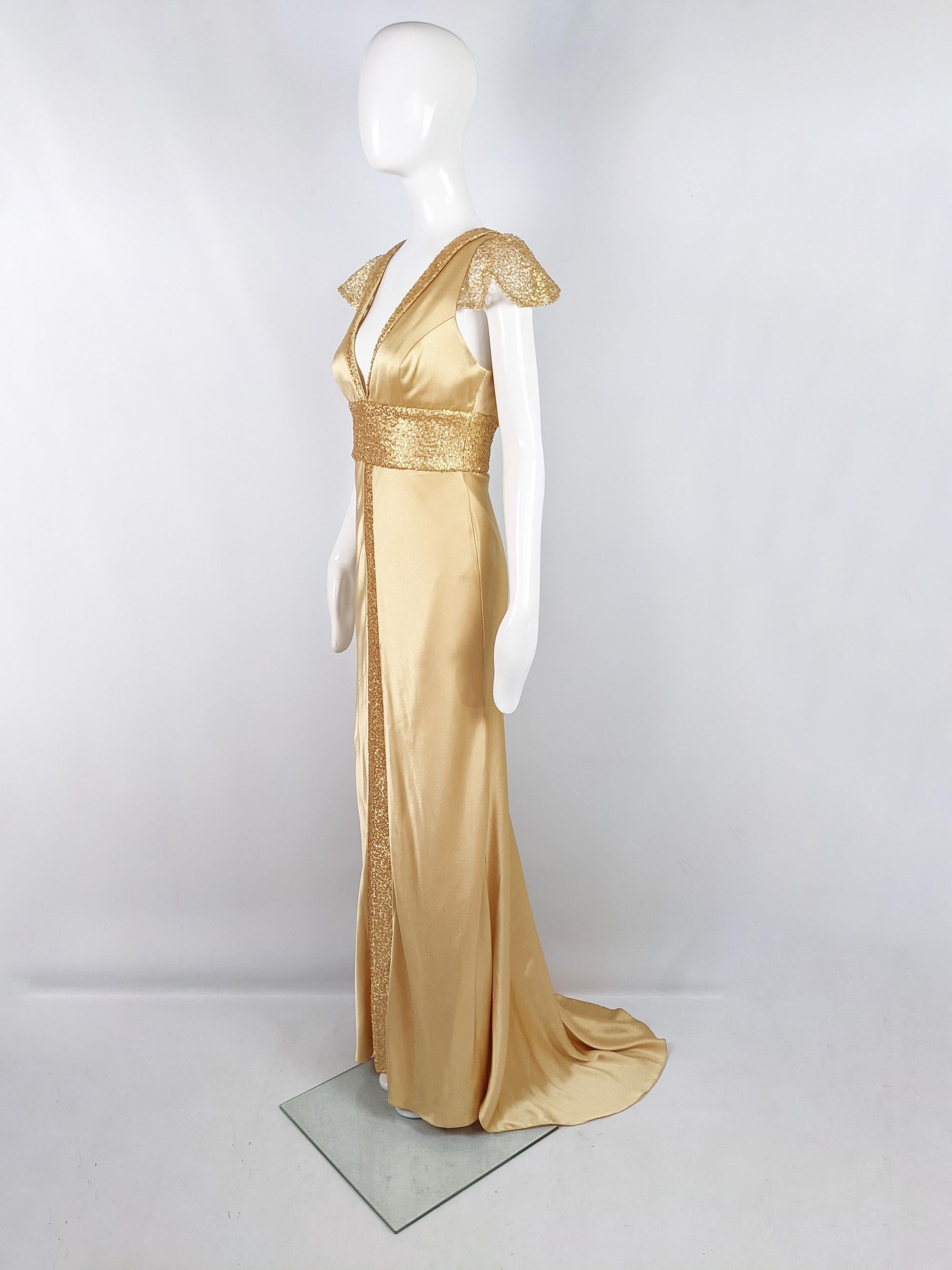 David Fielden Gold Silk Satin & Sequin Floor Length Evening Gown, 1990s In Fair Condition In Doncaster, South Yorkshire