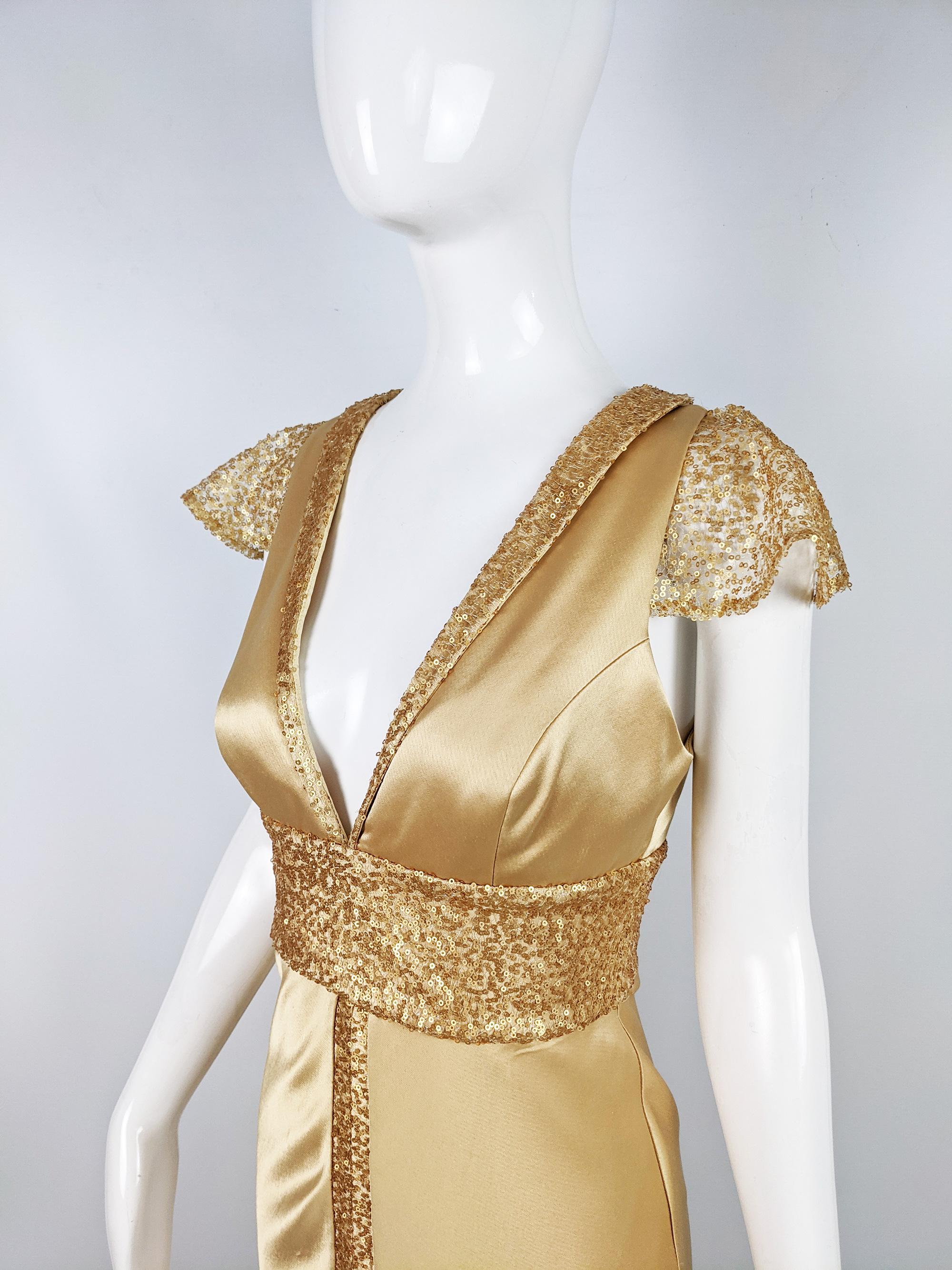 David Fielden Gold Silk Satin & Sequin Floor Length Evening Gown, 1990s 1