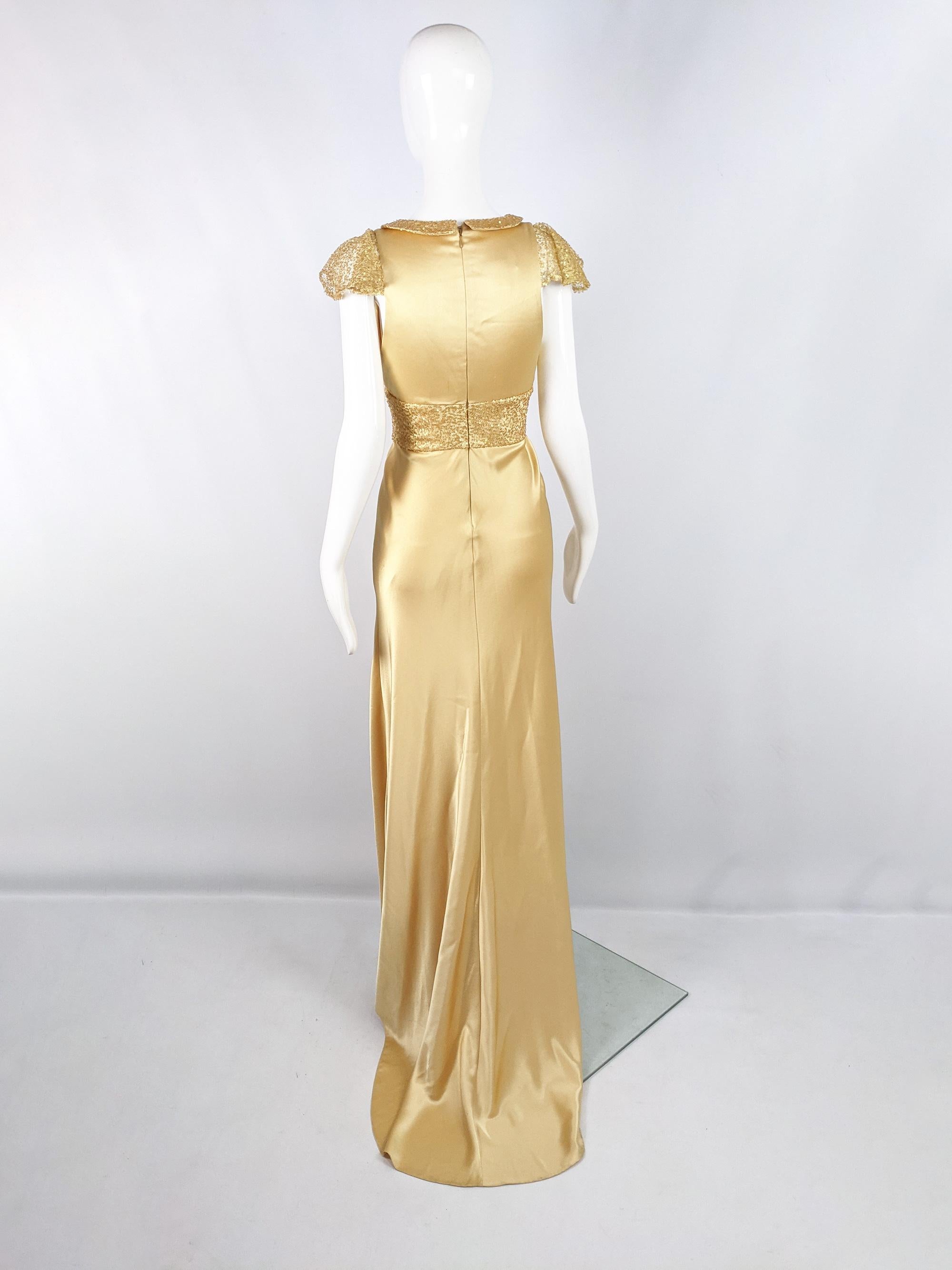 David Fielden Gold Silk Satin & Sequin Floor Length Evening Gown, 1990s 2