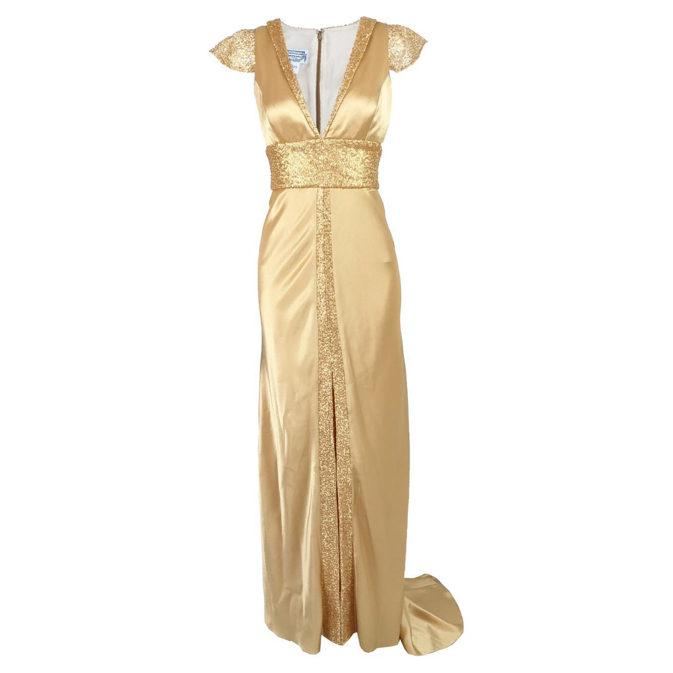 David Fielden Gold Silk Satin & Sequin Floor Length Evening Gown, 1990s