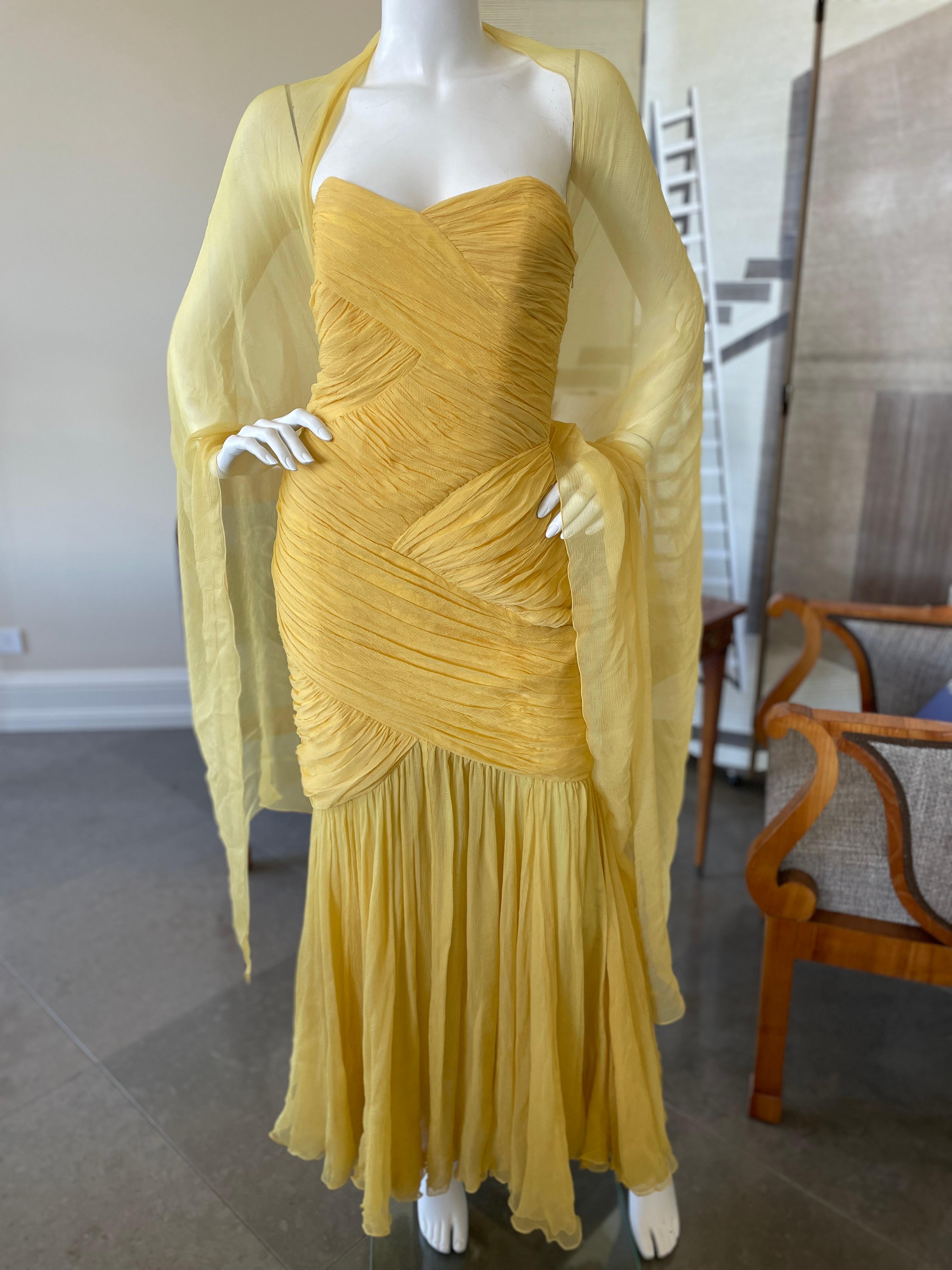 David Fielden London Yellow Silk Chiffon Strapless Dress with Matching Shawl. For Sale 1