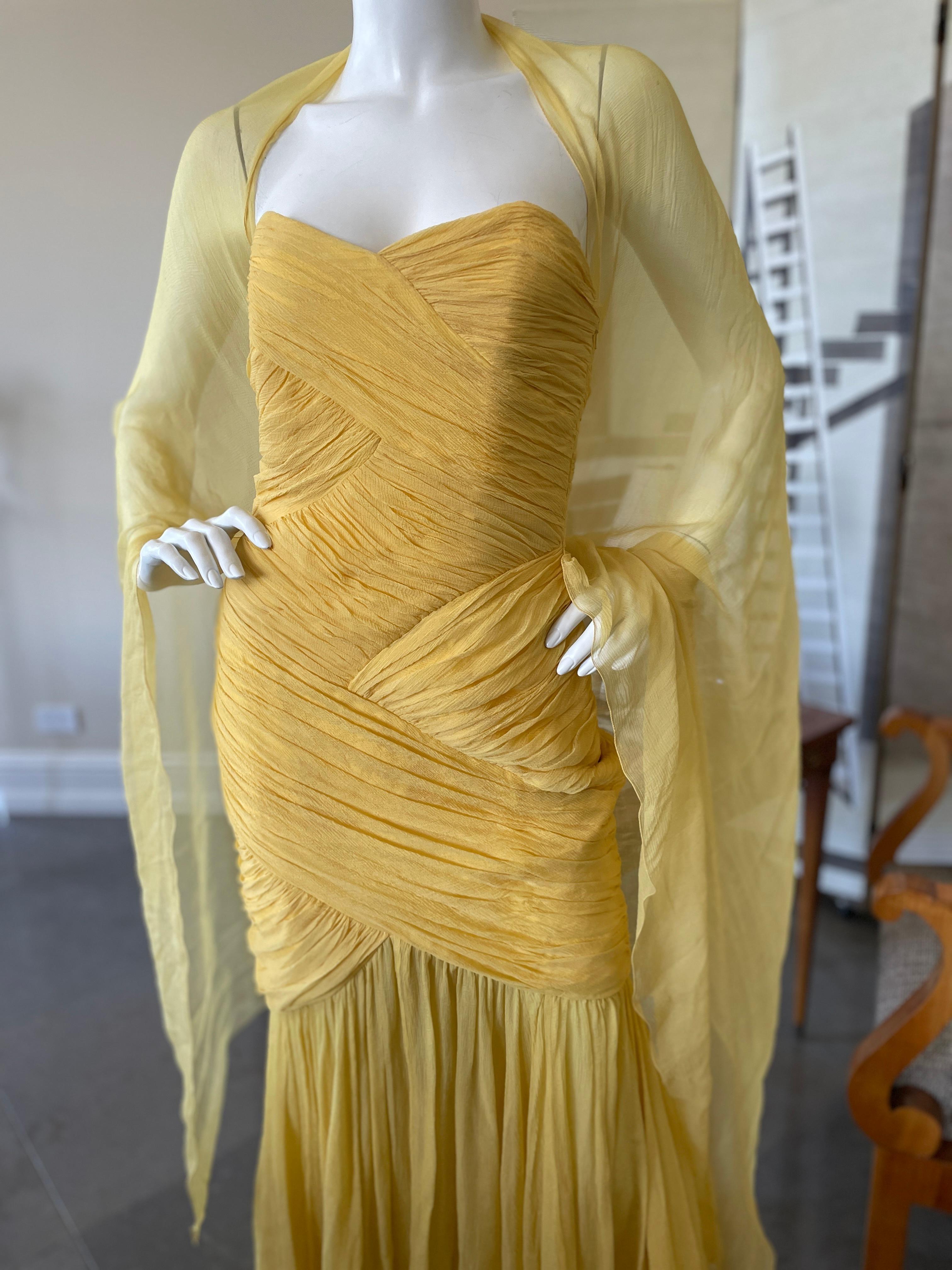 David Fielden London Yellow Silk Chiffon Strapless Dress with Matching Shawl. For Sale 2