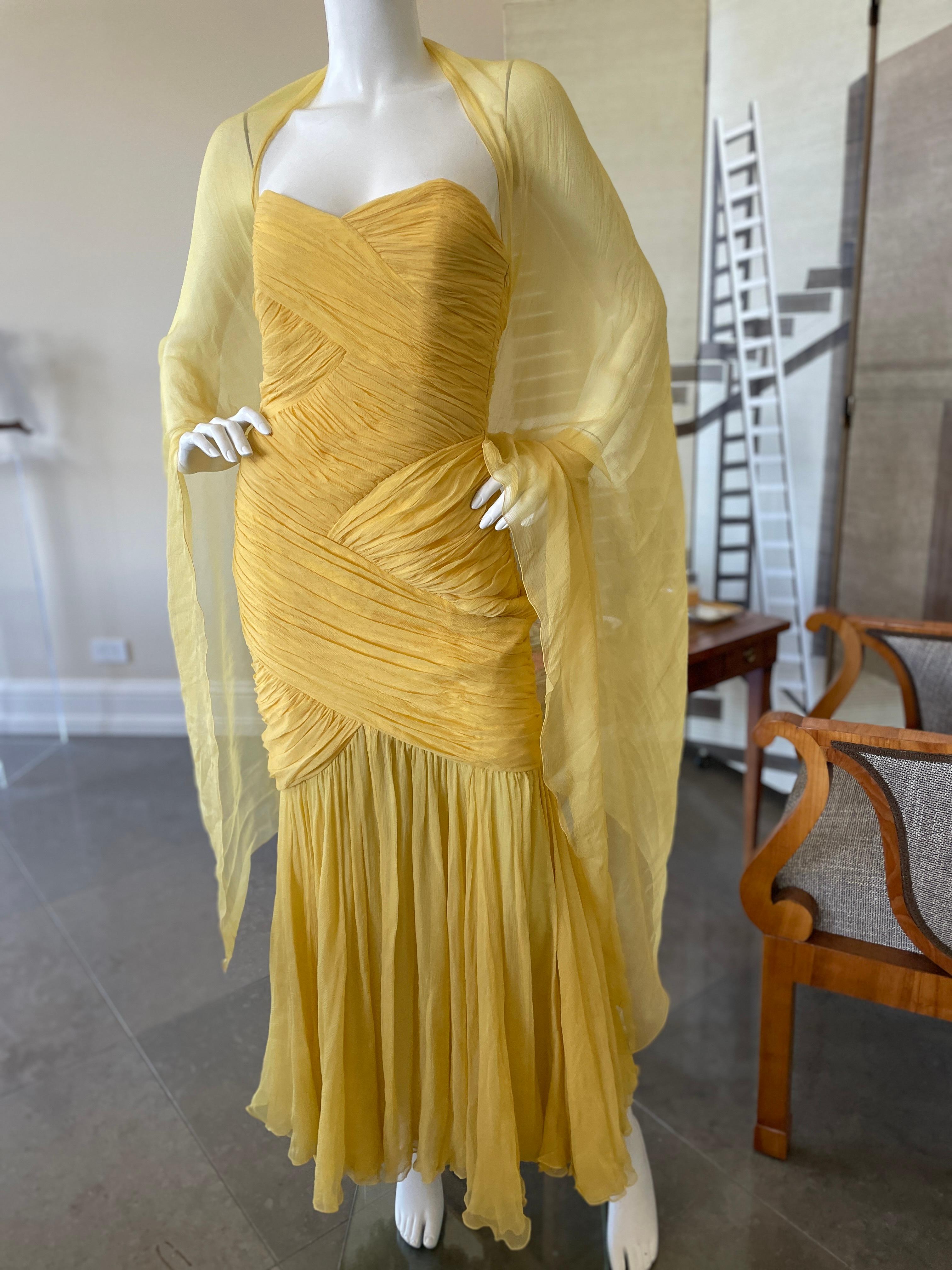 David Fielden London Yellow Silk Chiffon Strapless Dress with Matching Shawl. For Sale 3