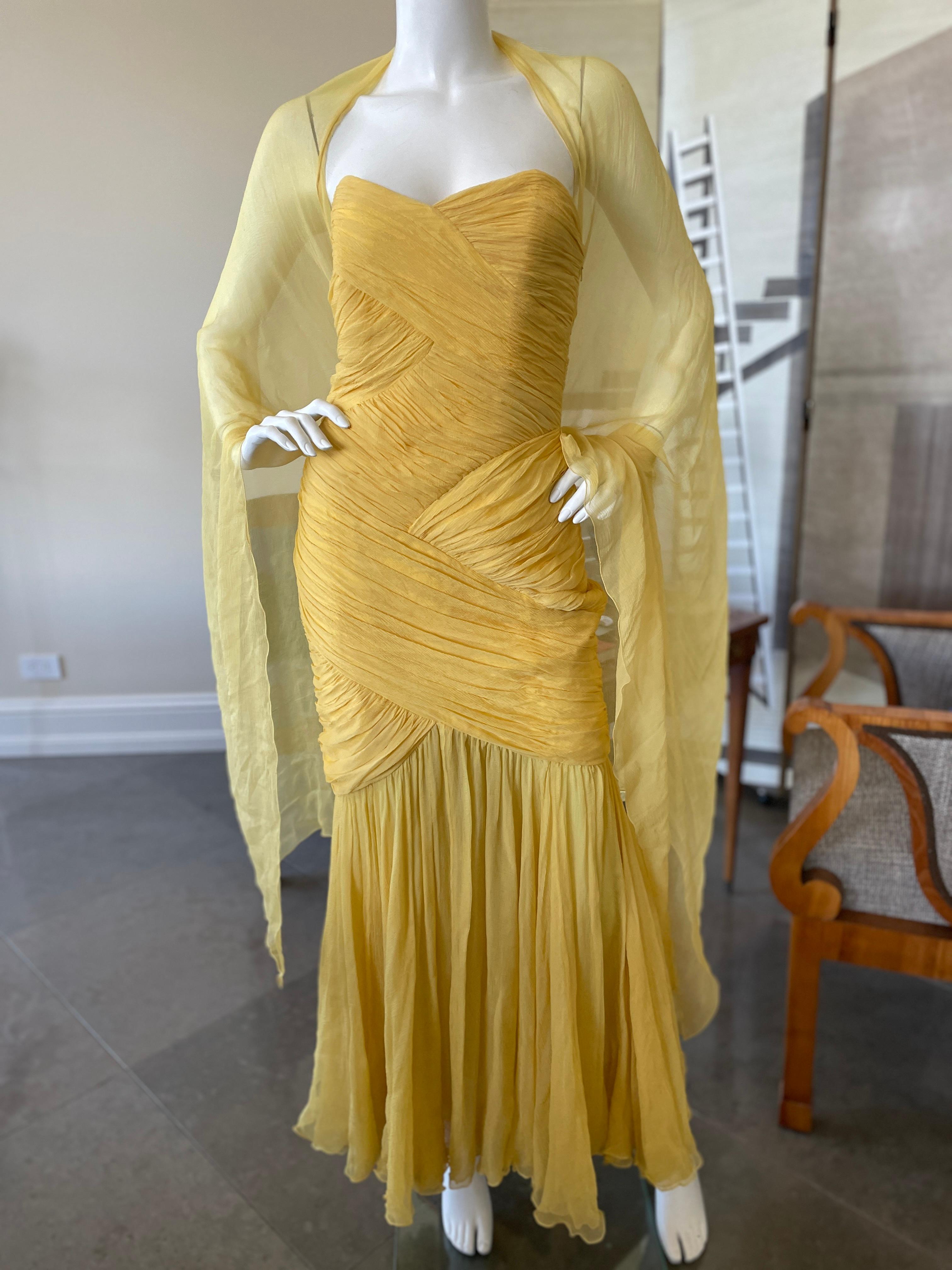 David Fielden London Yellow Silk Chiffon Strapless Dress with Matching Shawl. For Sale 4