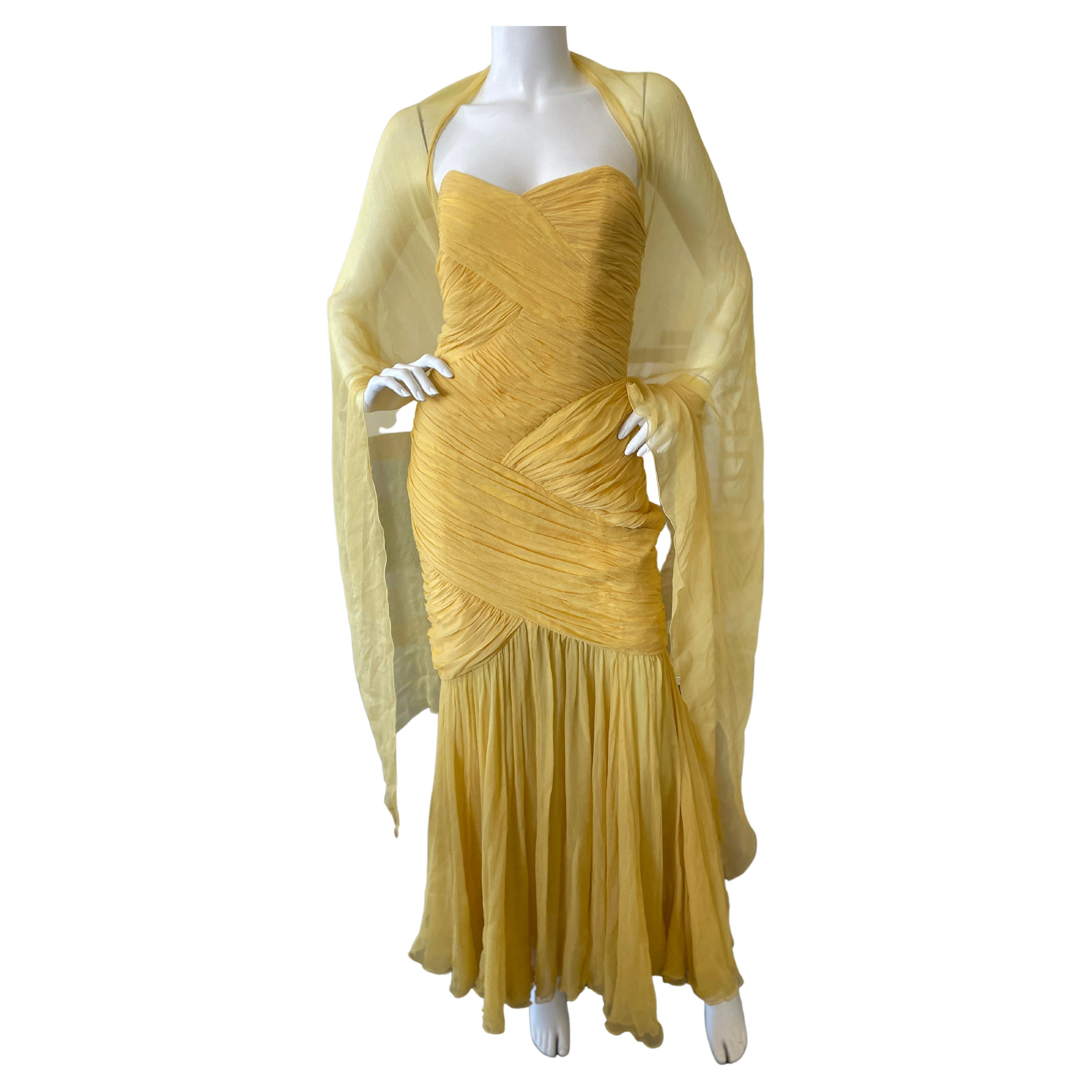 David Fielden London Yellow Silk Chiffon Strapless Dress with Matching Shawl. For Sale