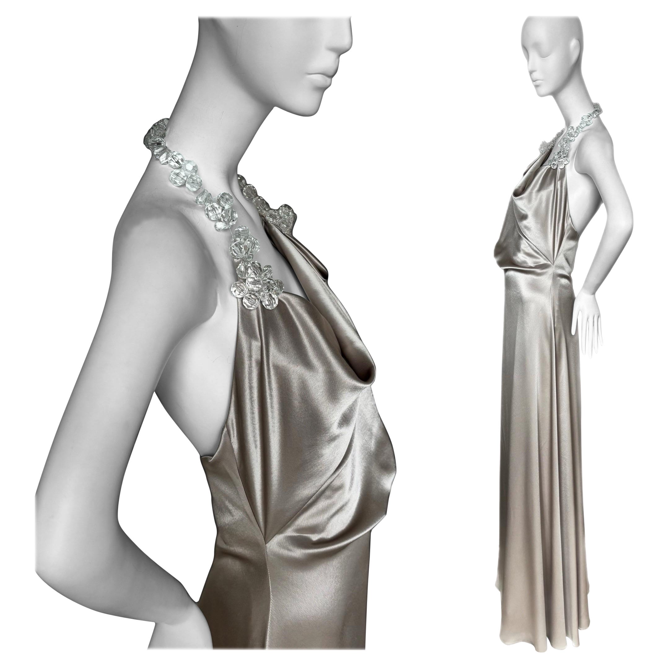 DAVID FIELDEN Vintage Gray Draped Evening Gown Backless Maxi Dress