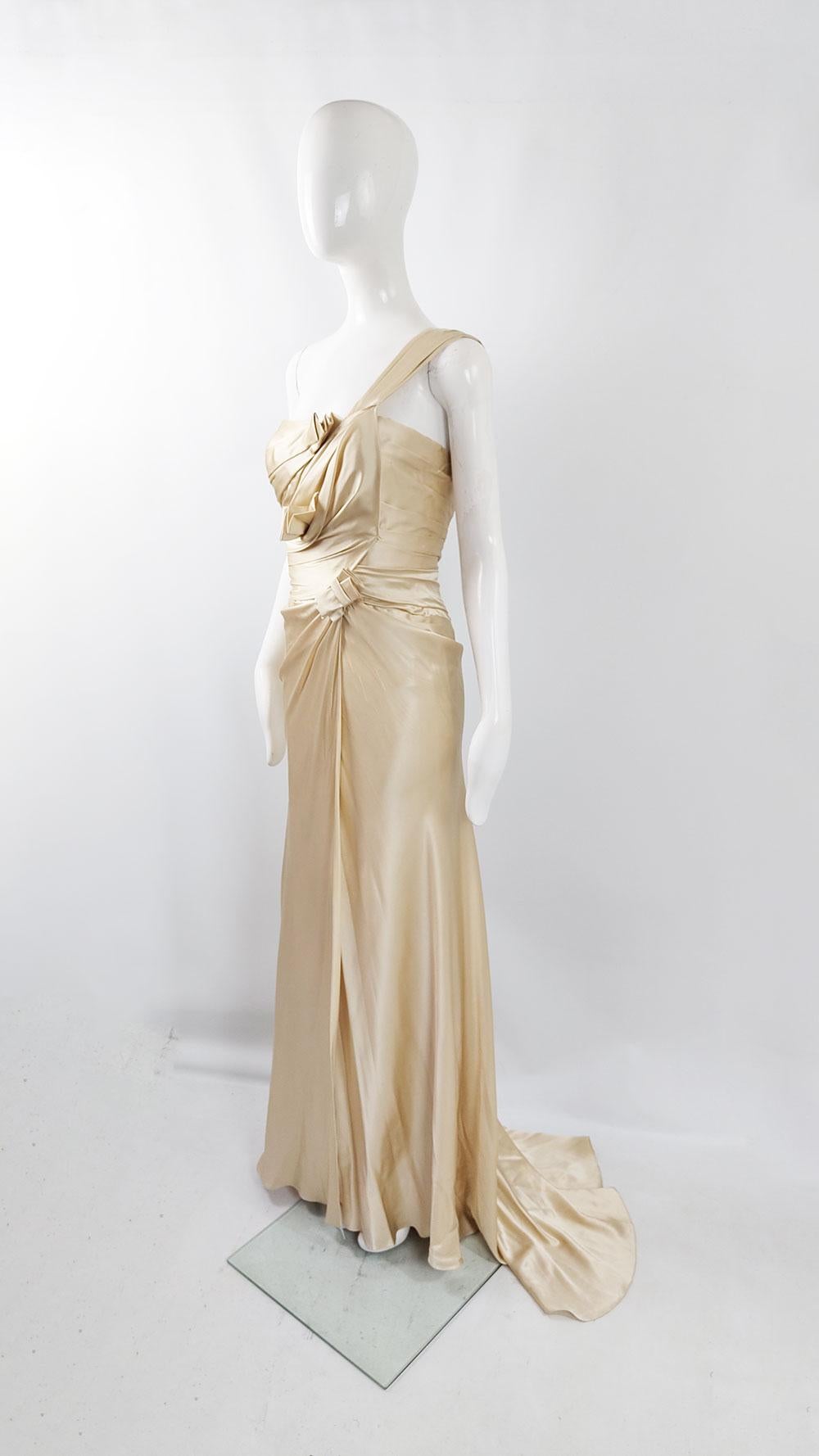 Women's David Fielden Vintage Pale Gold Pure Silk Satin Wedding Evening Gown Dress For Sale