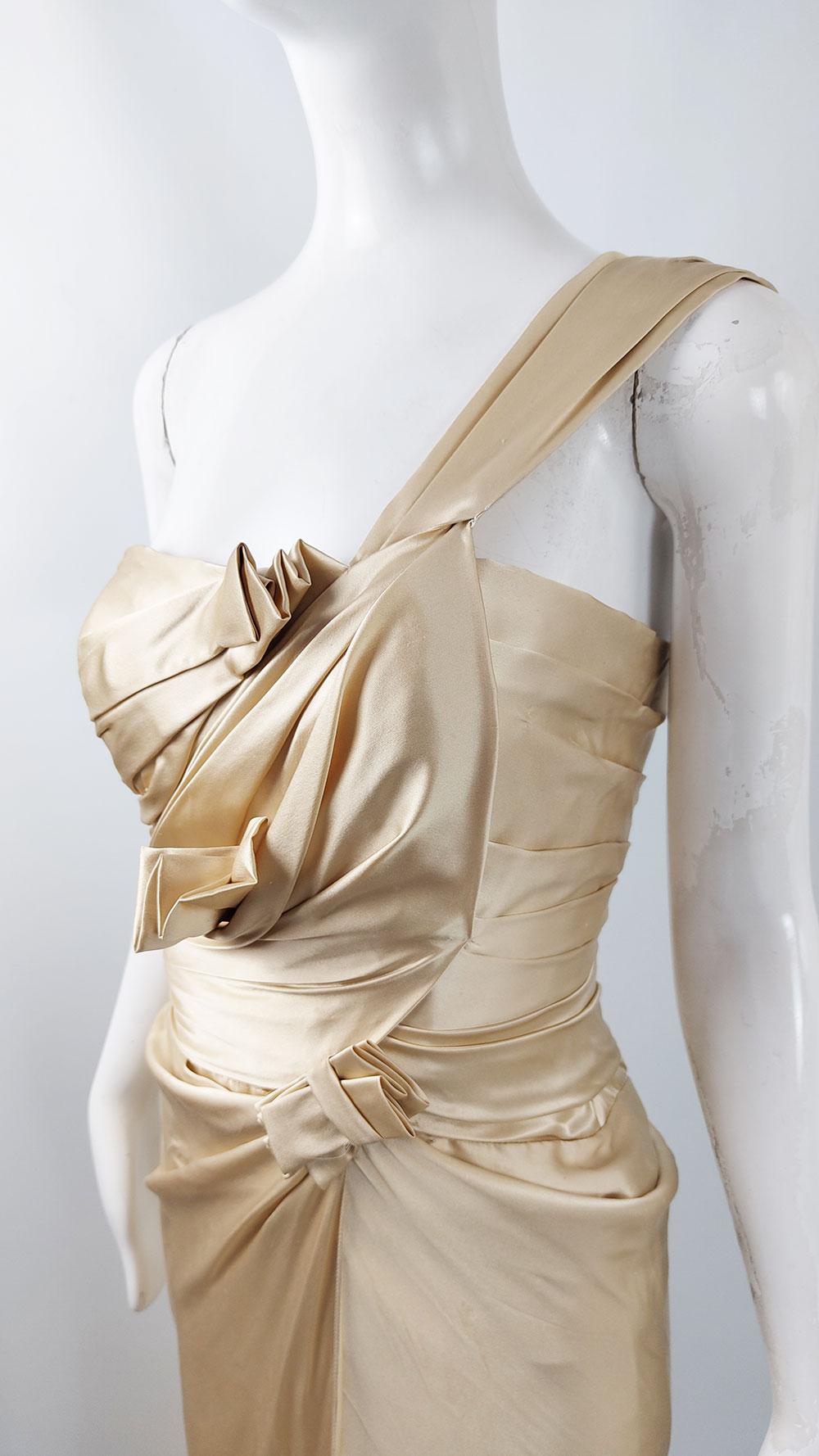 David Fielden Vintage Pale Gold Pure Silk Satin Wedding Evening Gown Dress For Sale 1