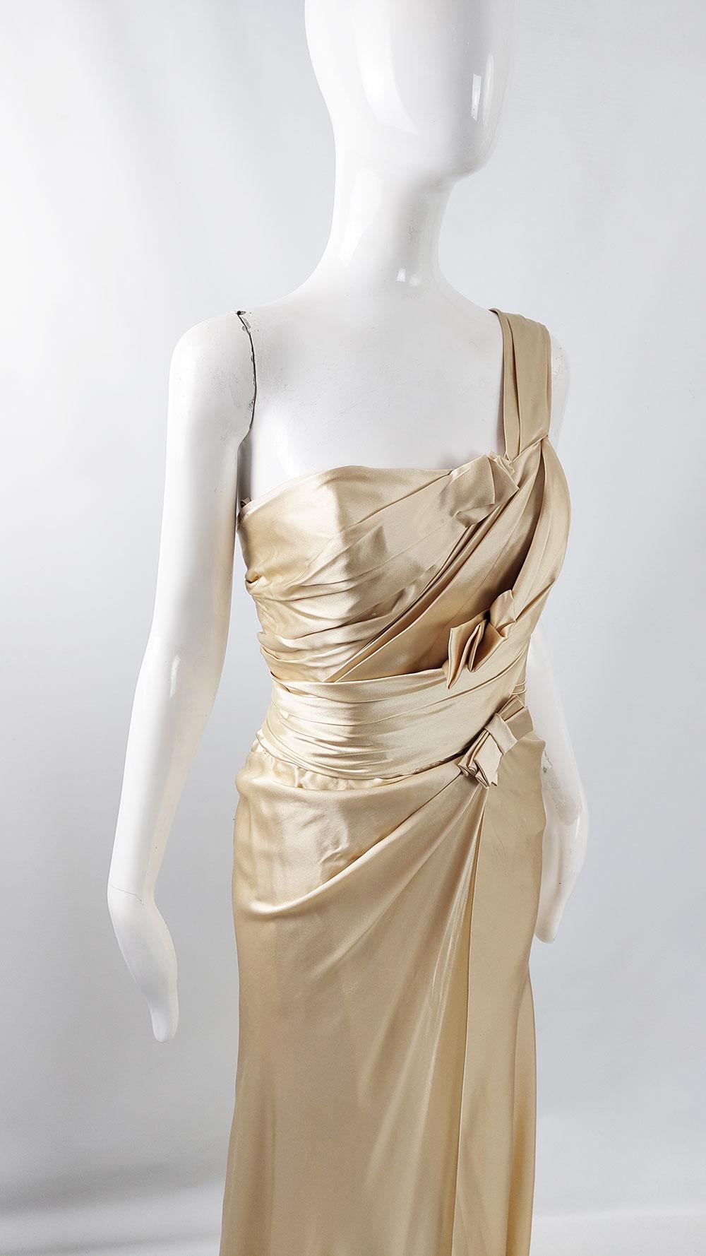 David Fielden Vintage Pale Gold Pure Silk Satin Wedding Evening Gown Dress For Sale 2