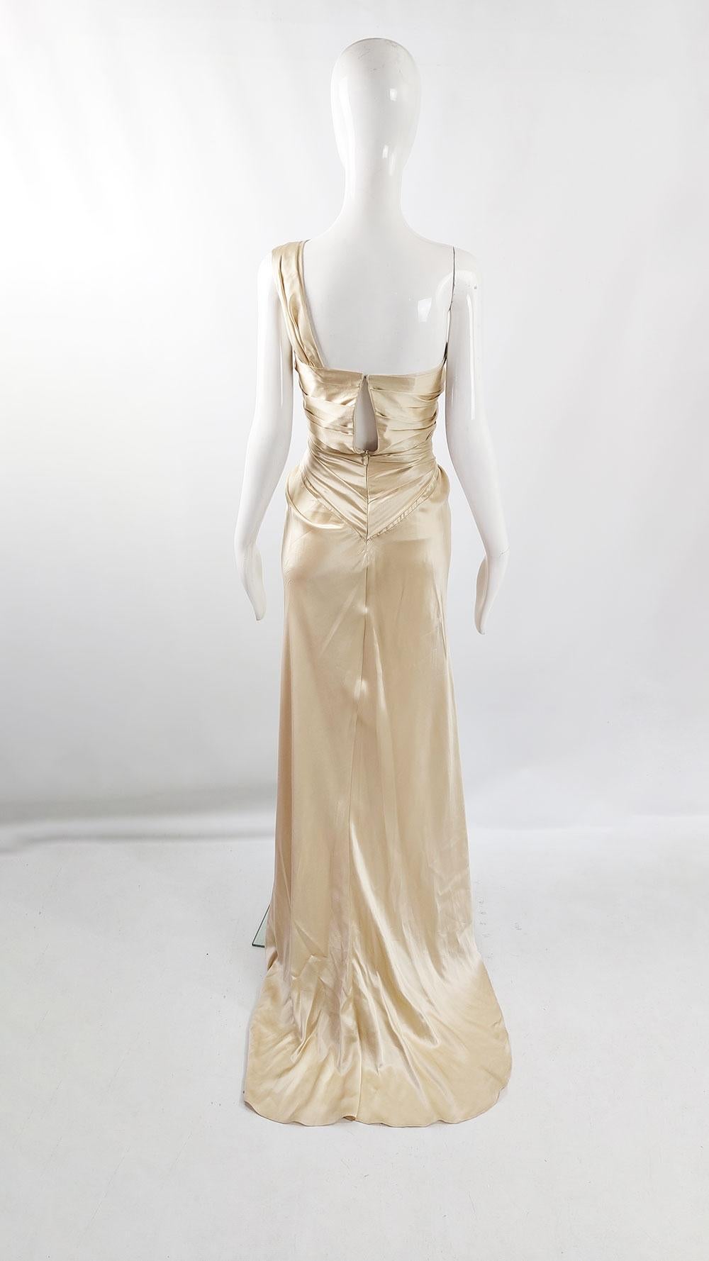 David Fielden Vintage Pale Gold Pure Silk Satin Wedding Evening Gown Dress For Sale 3