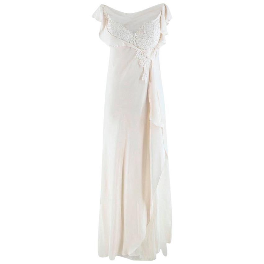 David Fielden Vintage Style Silk Crepe Lace Trimmed Wedding Dress - Size US 8 For Sale
