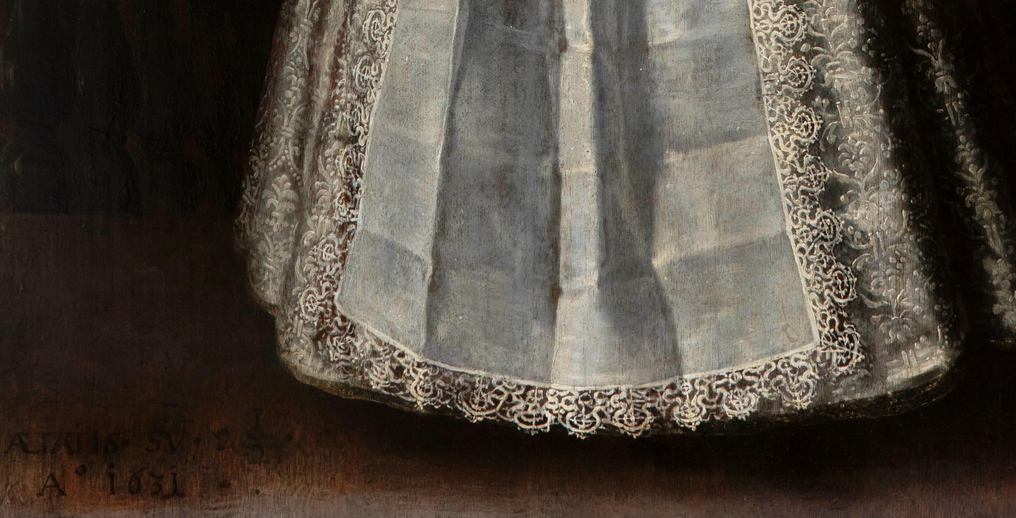 Retrato de niña con una rosa y un collar de coral rojo (c. 1631) - Painting de David Finsonius