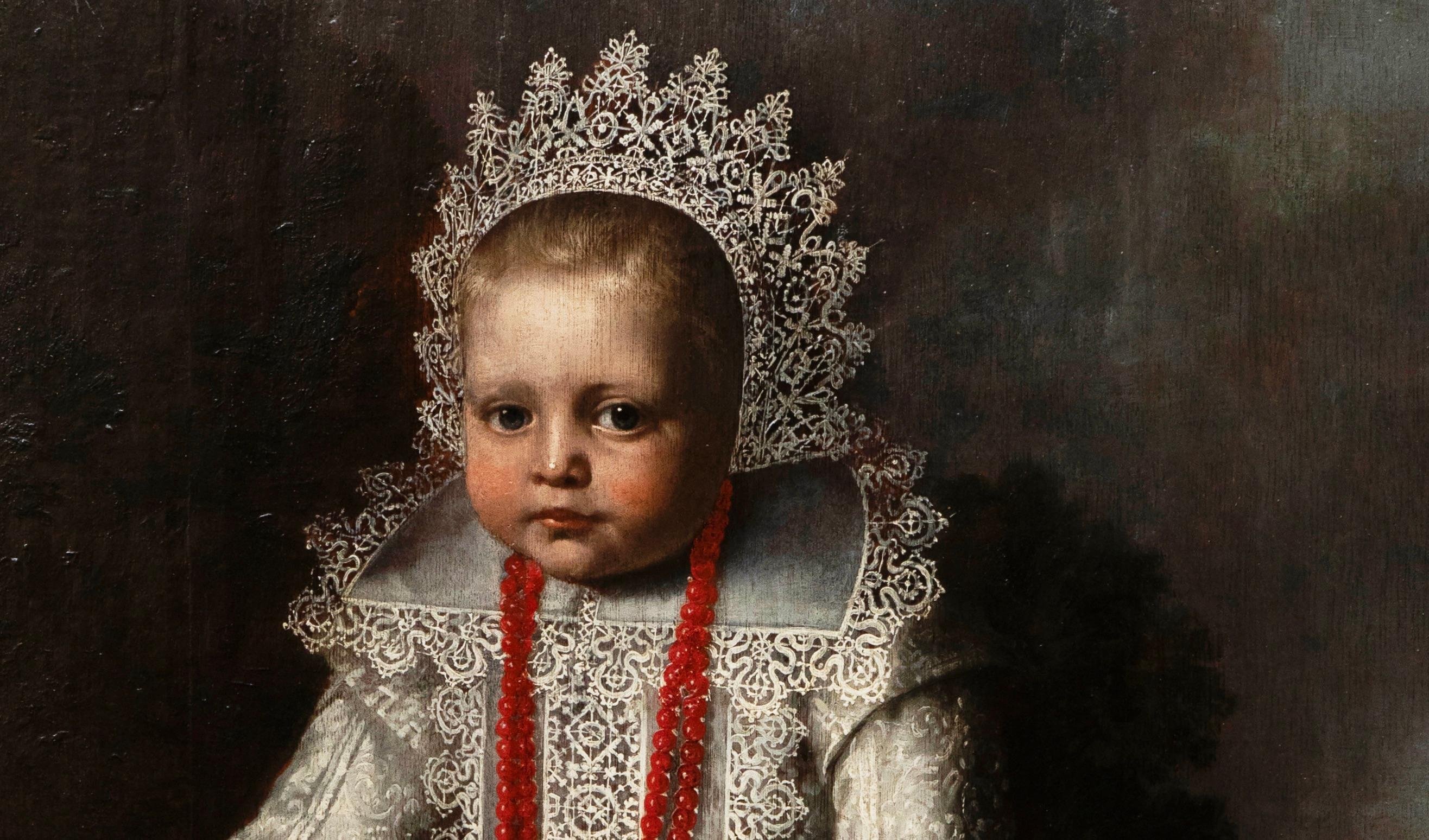 Retrato de niña con una rosa y un collar de coral rojo (c. 1631) - Painting Escuela holandesa de David Finsonius