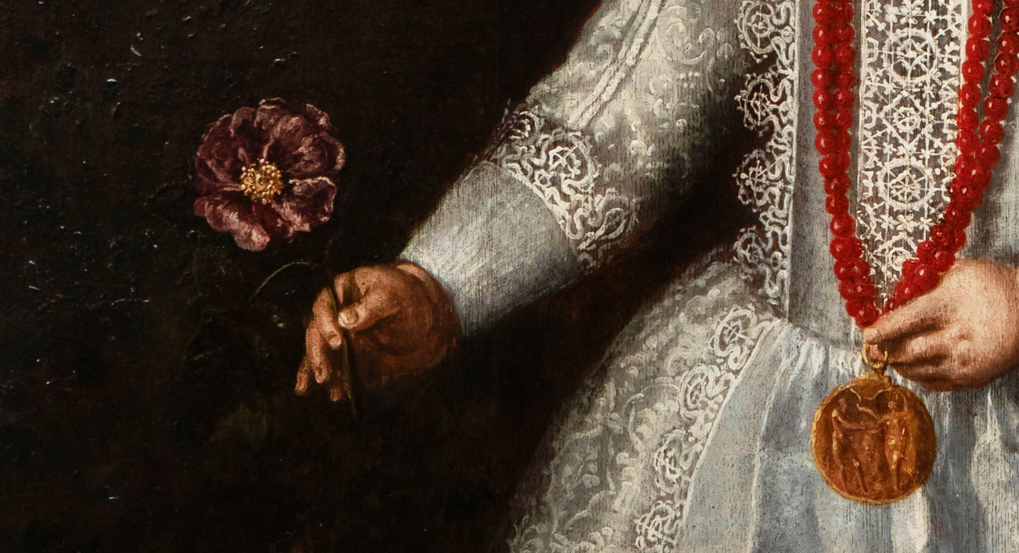 Retrato de niña con una rosa y un collar de coral rojo (c. 1631) - Portrait Painting Negro de David Finsonius