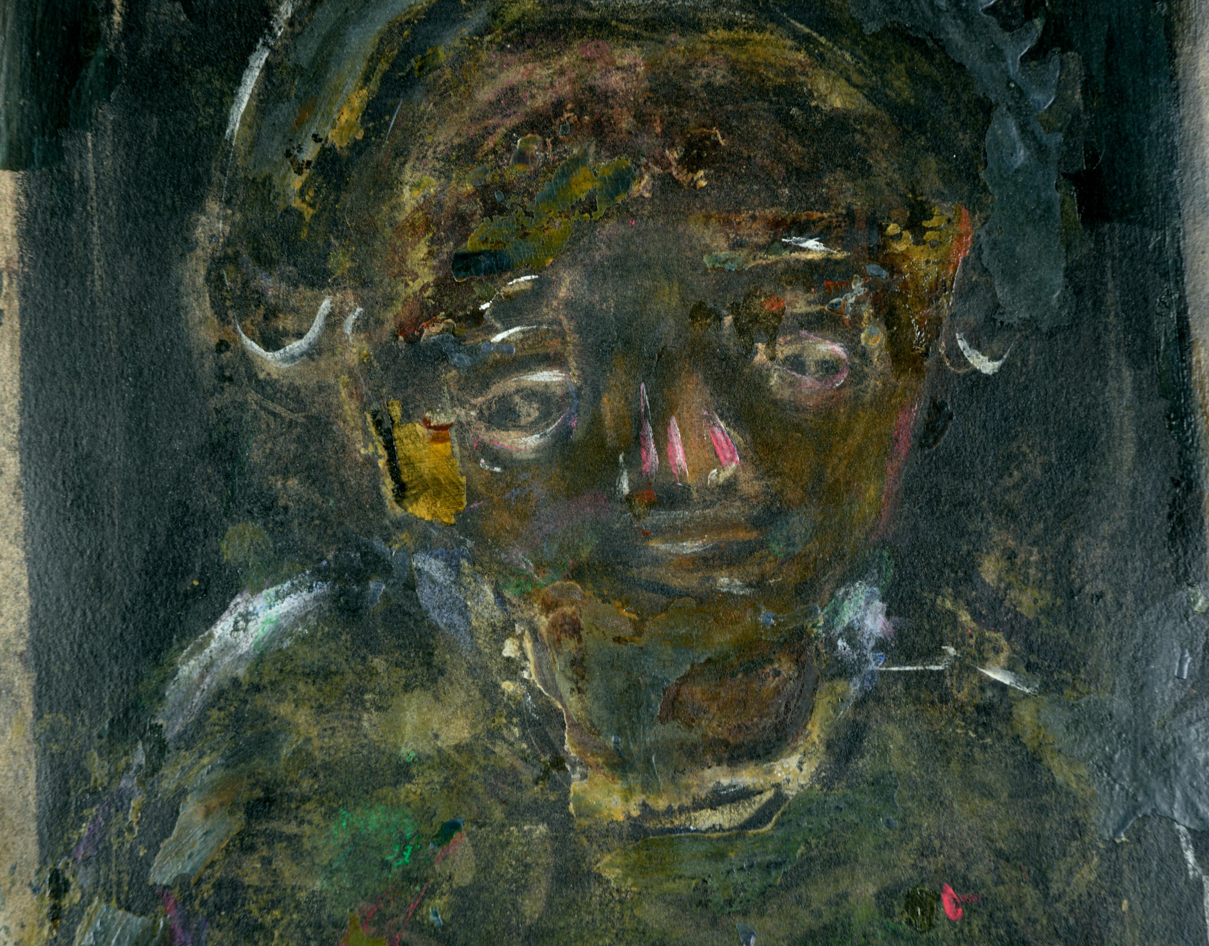 Abstraktes Porträt ohne Titel von David Fludd (Amerikaner, geb. 1965).

Dieses stimmungsvolle und dynamische Porträt ist ein hervorragendes Beispiel für Fludds Arbeit in den 1990er Jahren, die häufig verzerrte oder verdunkelte Porträts mit