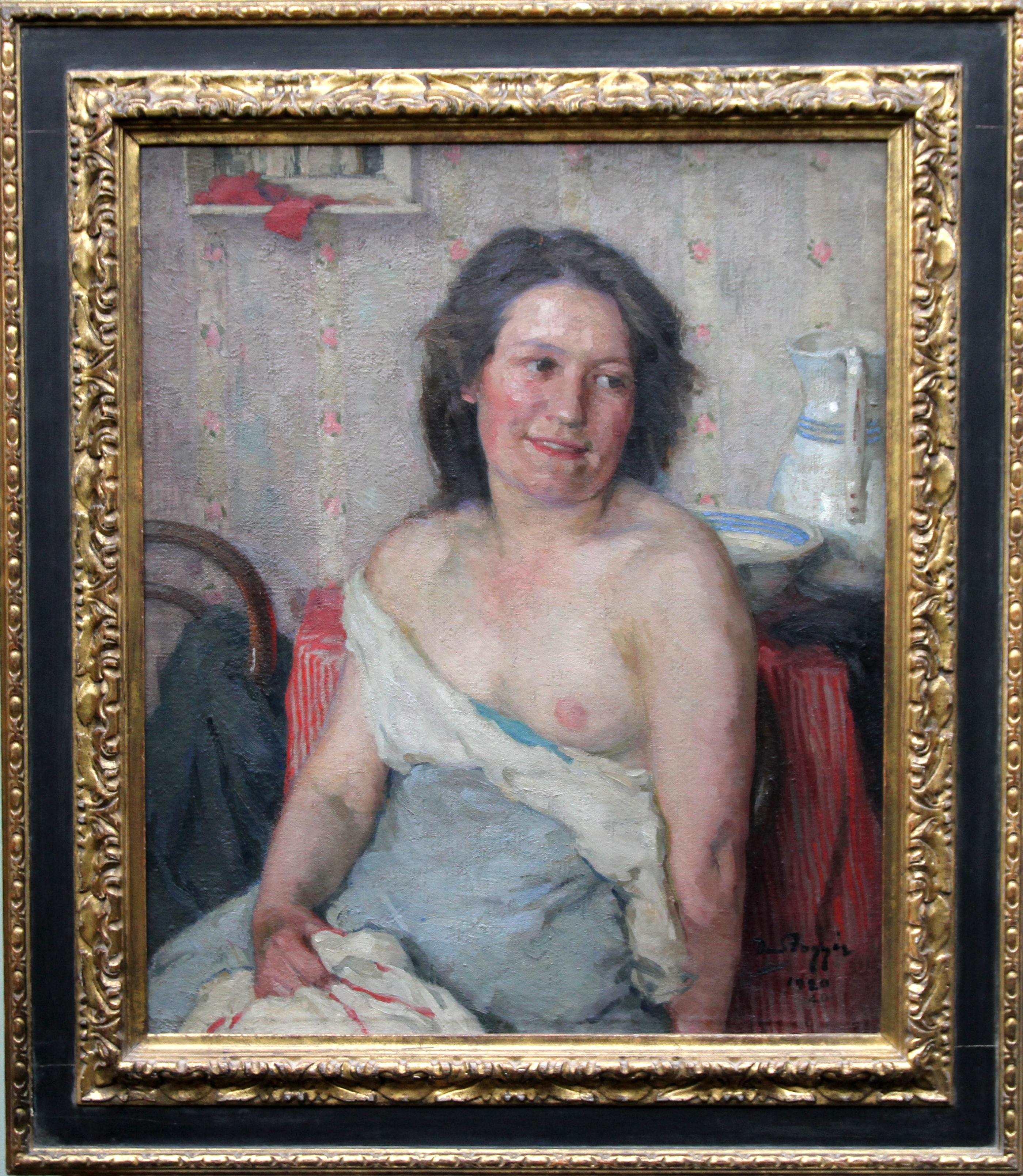 Portrait de femme se baignant - Peinture à l'huile impressionniste d'intérieur - Nu de bain écossaise des années 20 en vente 6