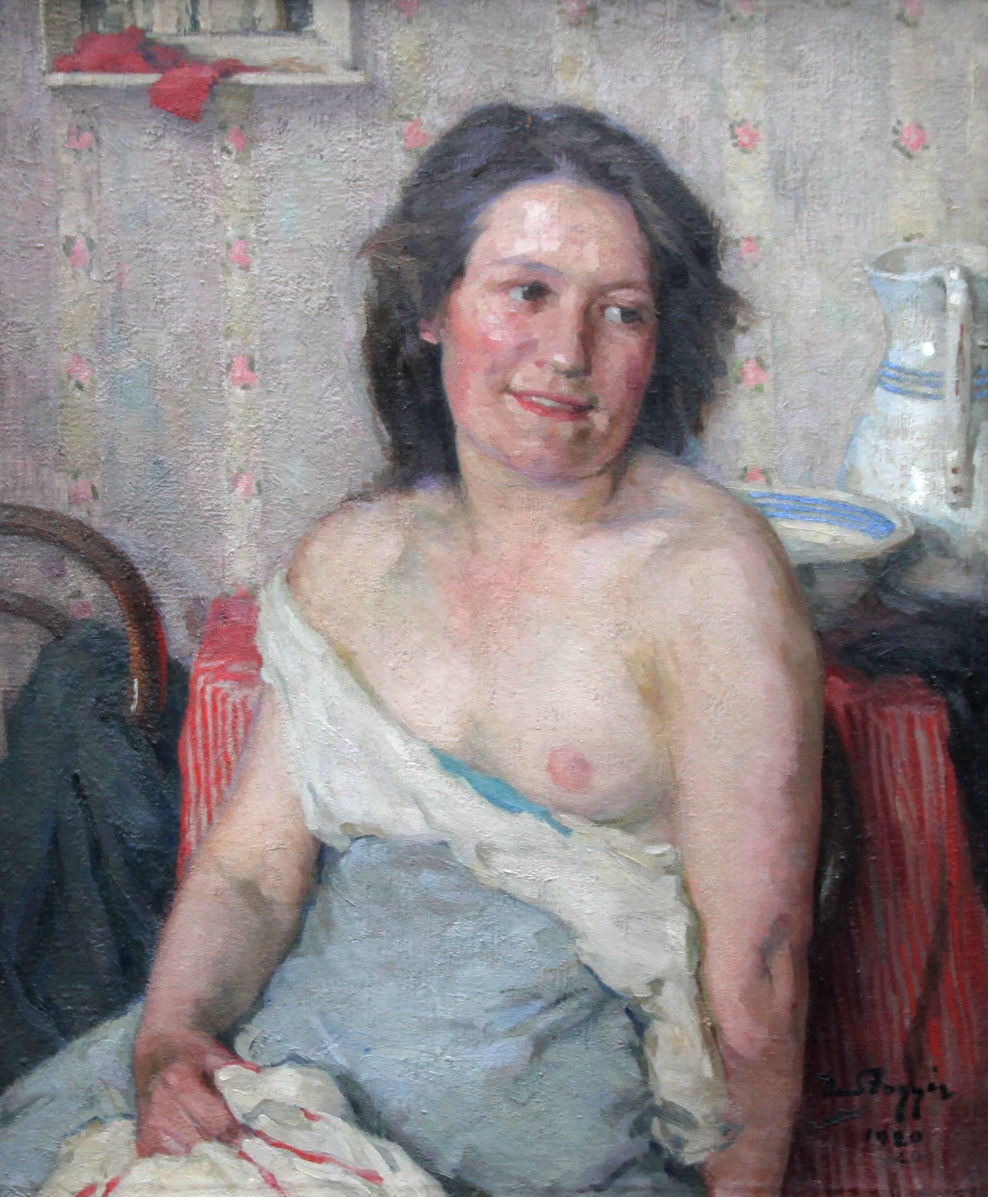 Ritratto di donna che fa il bagno - Quadro a olio impressionista scozzese degli anni '20 con nudo all'interno - Painting di David Foggie