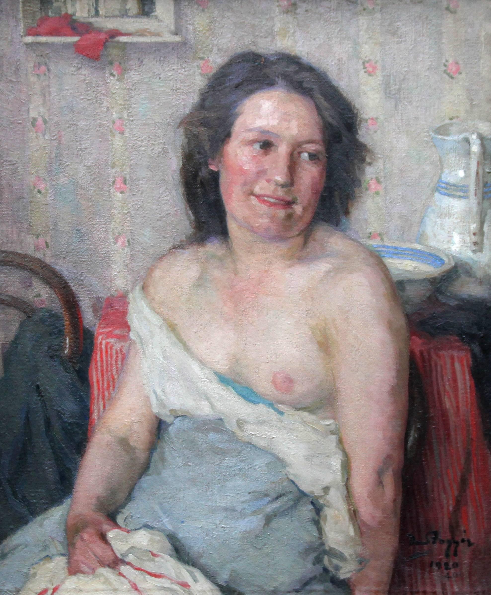 Portrait of Woman Bathing-Scottish 20's Impressionist nude interior oil painting - Painting by David Foggie