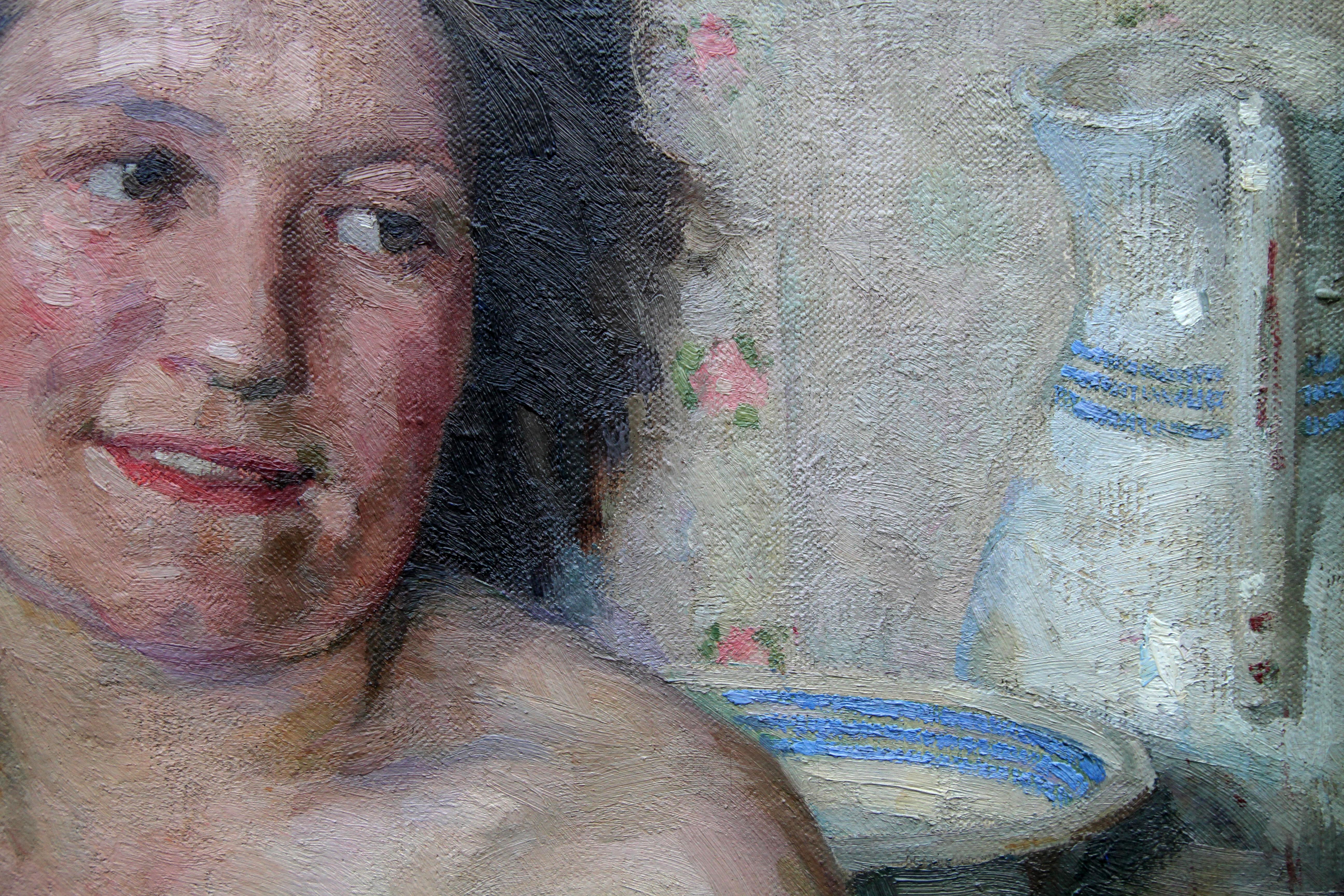 Portrait de femme se baignant - Peinture à l'huile impressionniste d'intérieur - Nu de bain écossaise des années 20 en vente 1