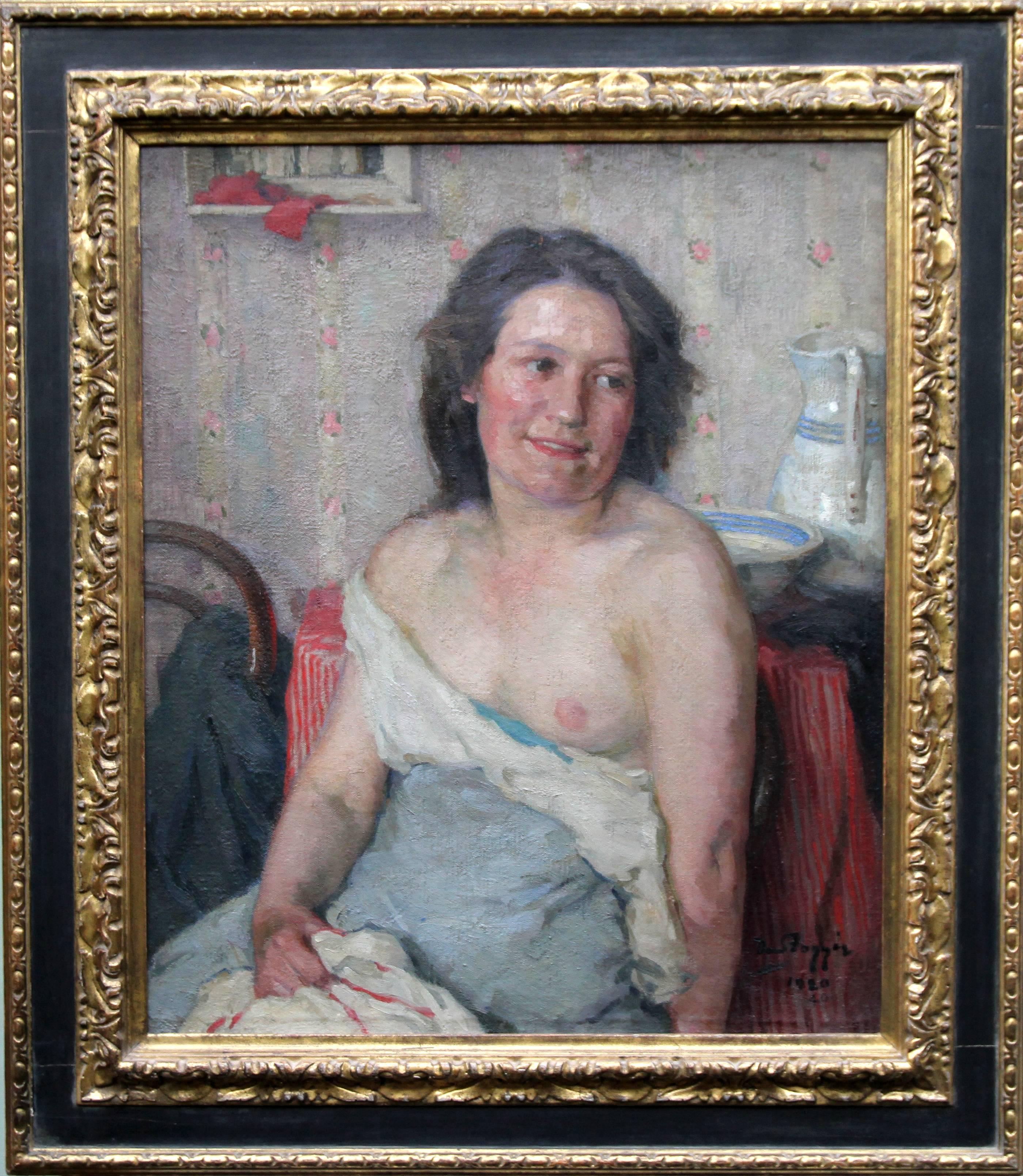 Portrait Painting David Foggie - Portrait de femme se baignant - Peinture à l'huile impressionniste d'intérieur - Nu de bain écossaise des années 20