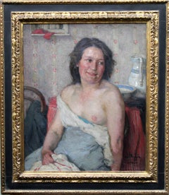 Vintage Portrait of Woman Bathing-Scottish 20's Impressionist nude interior oil painting