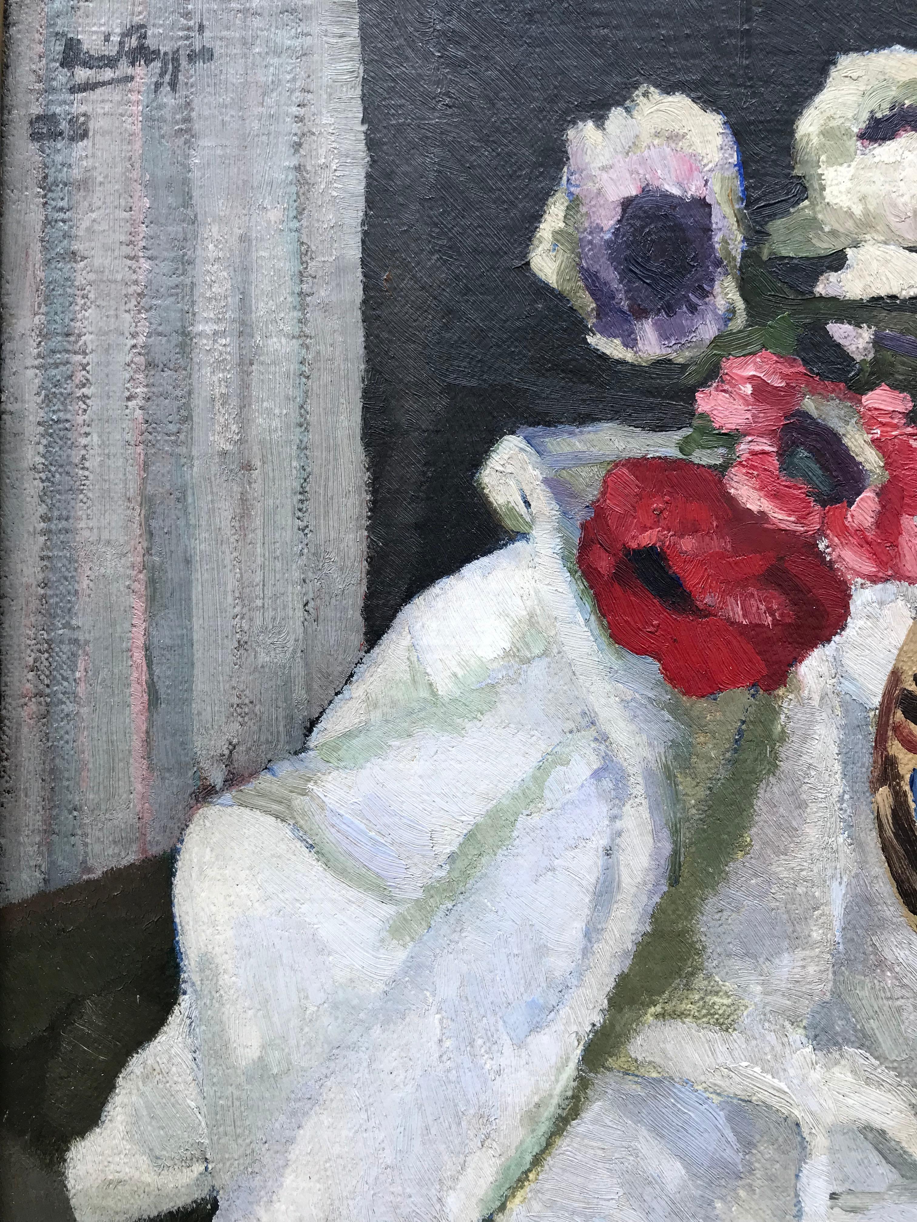 Ecco un bellissimo dipinto a olio su tela realizzato dal noto artista scozzese David Foggie.  Questa natura morta di papaveri in una brocca di ceramica fu realizzata alla fine della sua carriera, quando viveva a Edimburgo.  Firmato top
a sinistra e