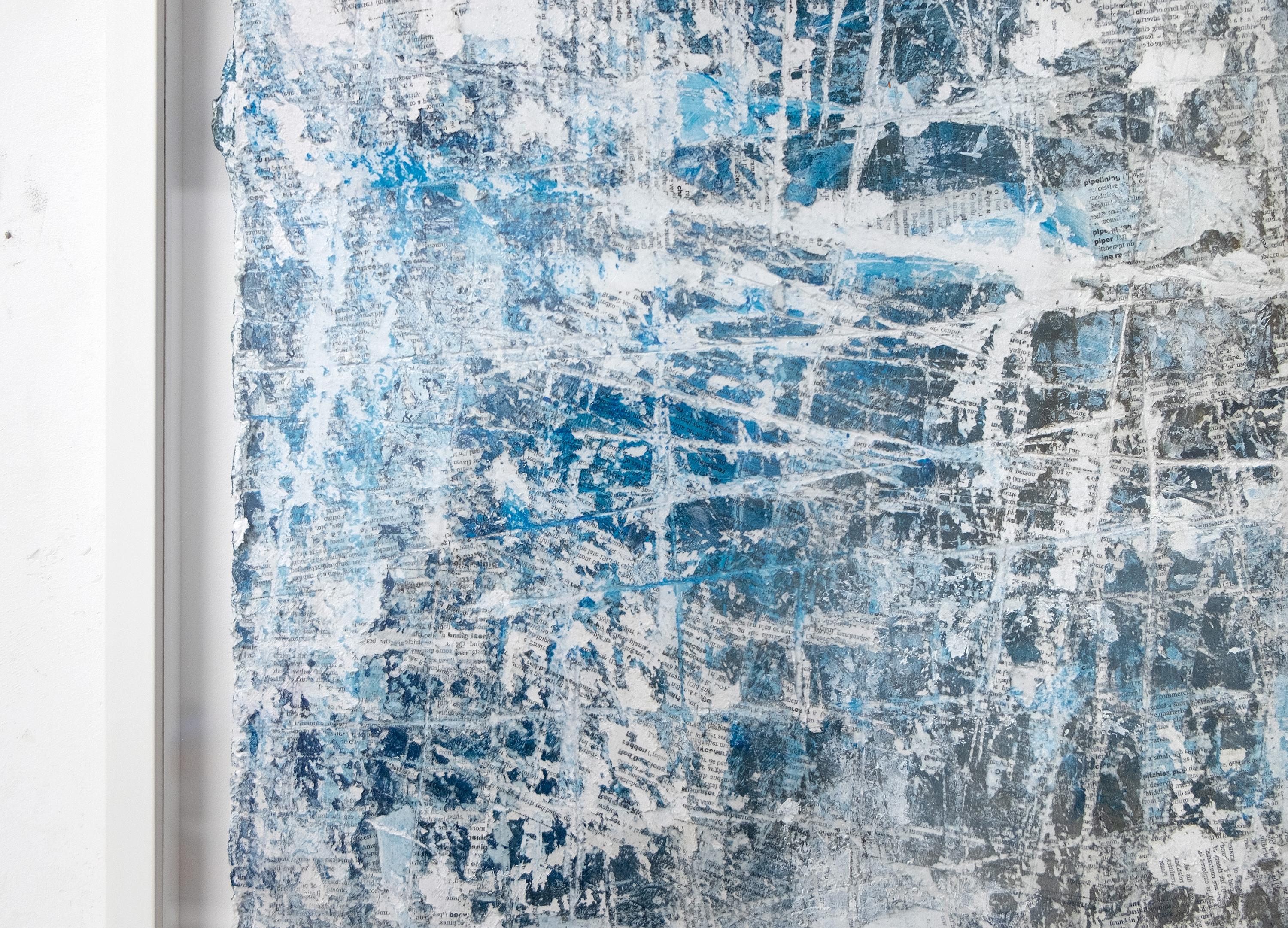 Breathing - textural blue and white abstract painting on paper framed - Art by David Fredrik Moussallem
