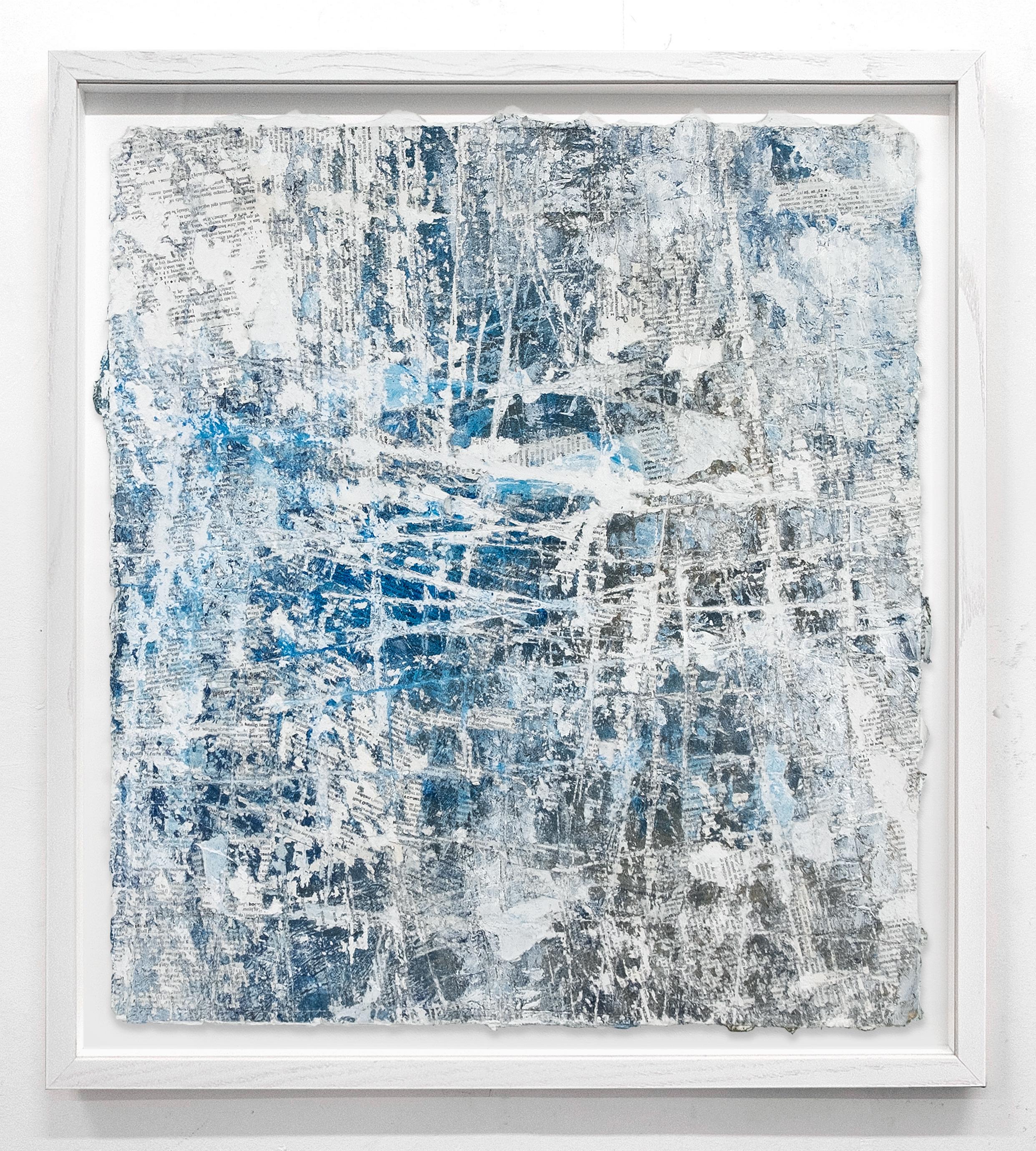 David Fredrik Moussallem Abstract Drawing - Breathing - textural blue and white abstract painting on paper framed