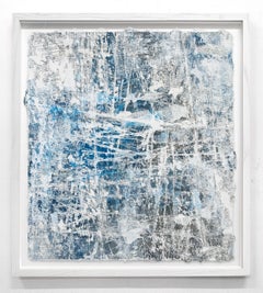 Breathing - textural blue and white abstract painting on paper framed