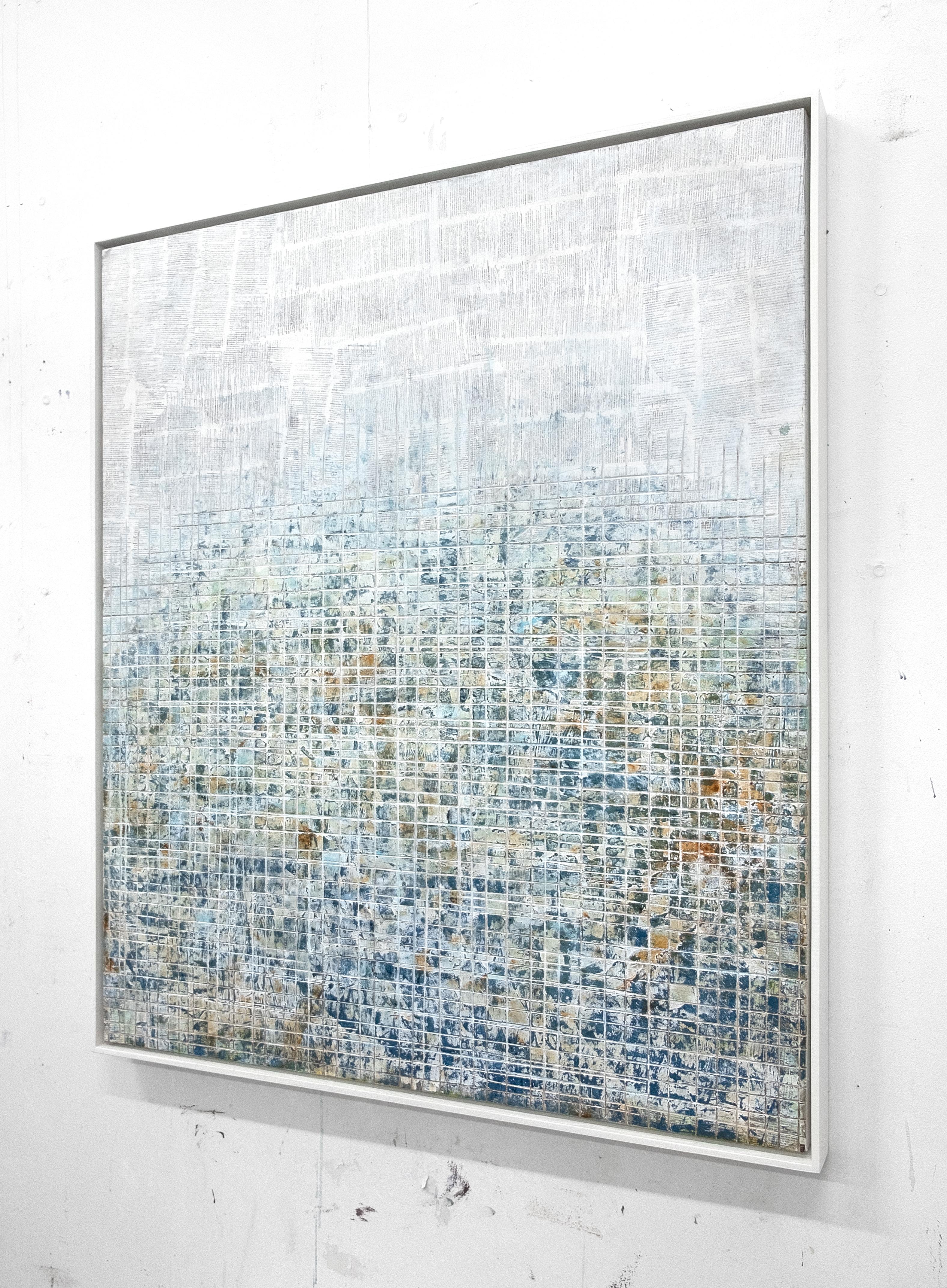 Bulletins - street art blue, brown and white abstract framed painting  - Painting by David Fredrik Moussallem