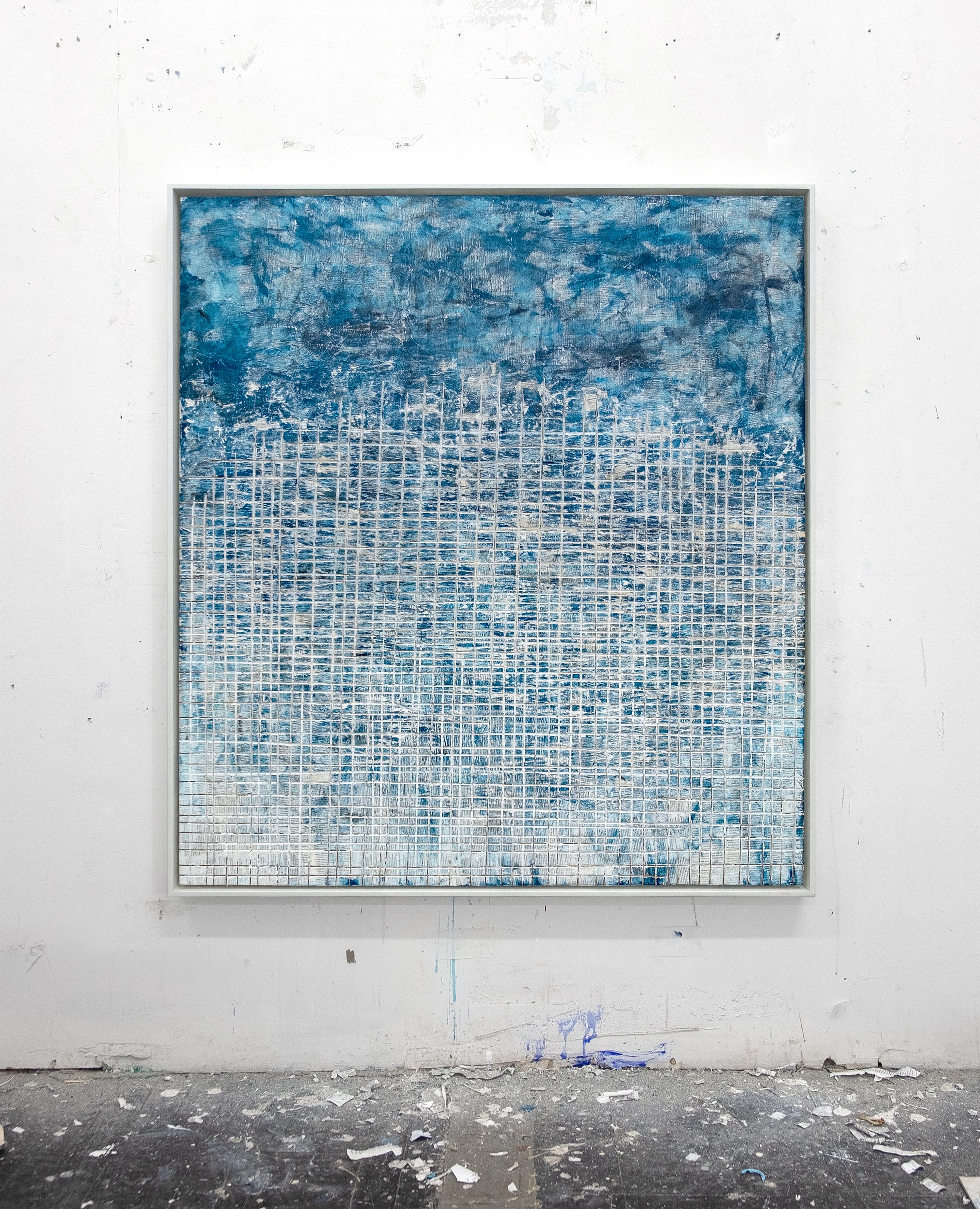 Cultural Scream- street art blue and white abstract framed carved painting  - Painting by David Fredrik Moussallem