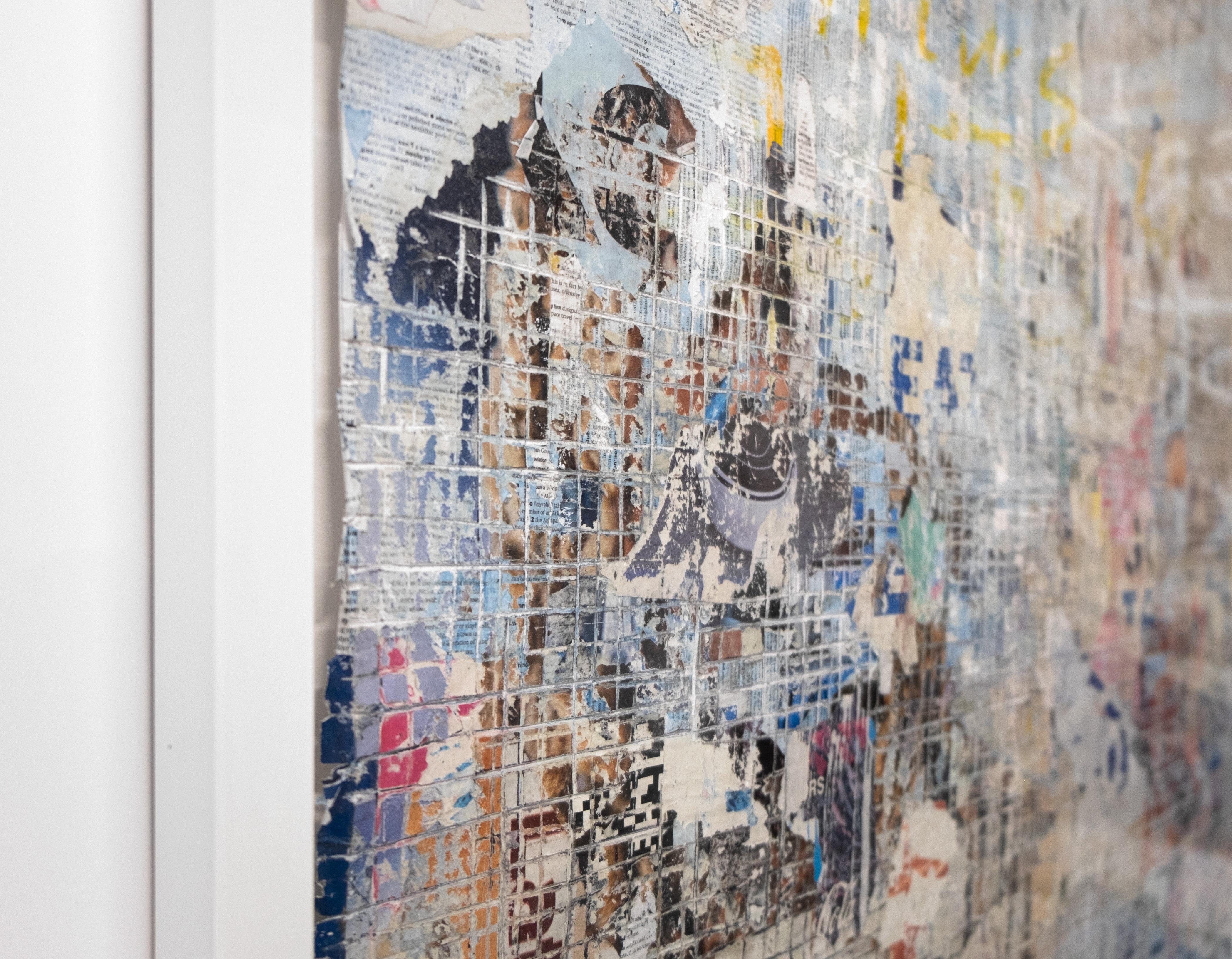David Fredrik Moussallem’s mixed-media abstract paintings tell different “stories from the streets” and respond to urban landscape.  His palette is soft, mainly using white, beige and blue that mimic the surface of peeling city walls.

Extensive
