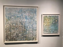 Movers and Dealers - quadro astratto con cornice di street art blu, marrone e bianco