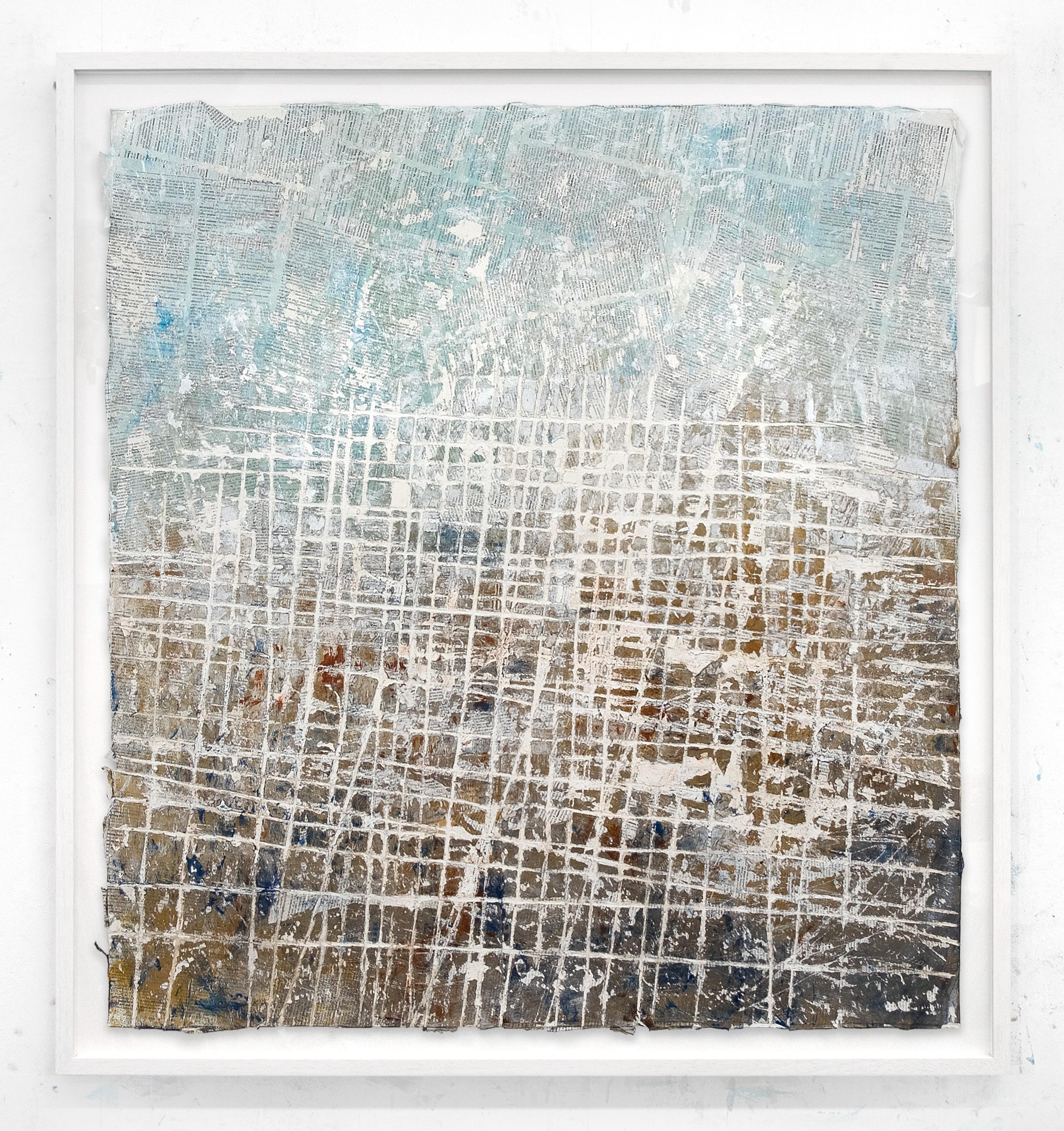 Peinture abstraite d'art de rue bleue, marron et blanche sur papier encadrée « Soon to Be »