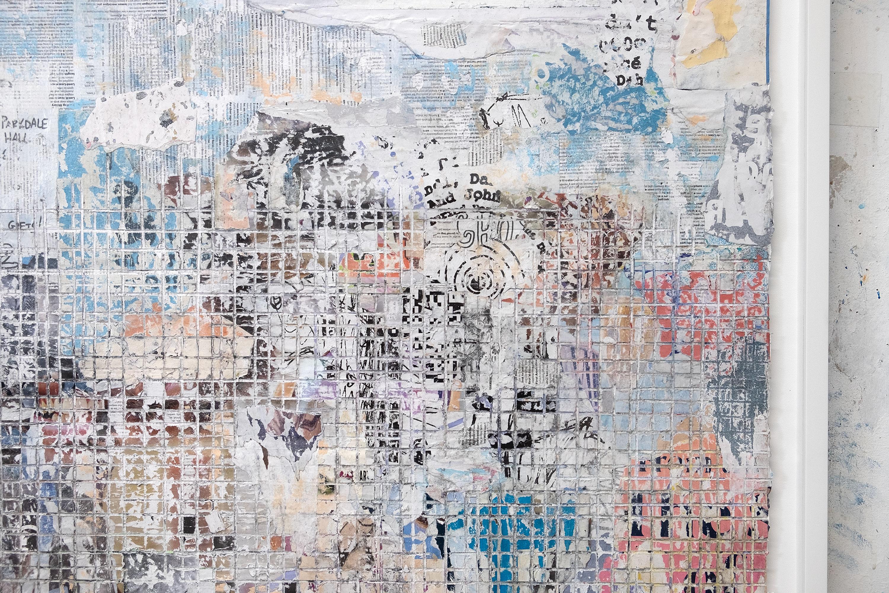 David Fredrik Moussallem’s mixed-media abstract paintings tell different “stories from the streets” and respond to urban landscape.  His palette is soft, mainly using white, beige and blue that mimic the surface of peeling city walls.

Extensive