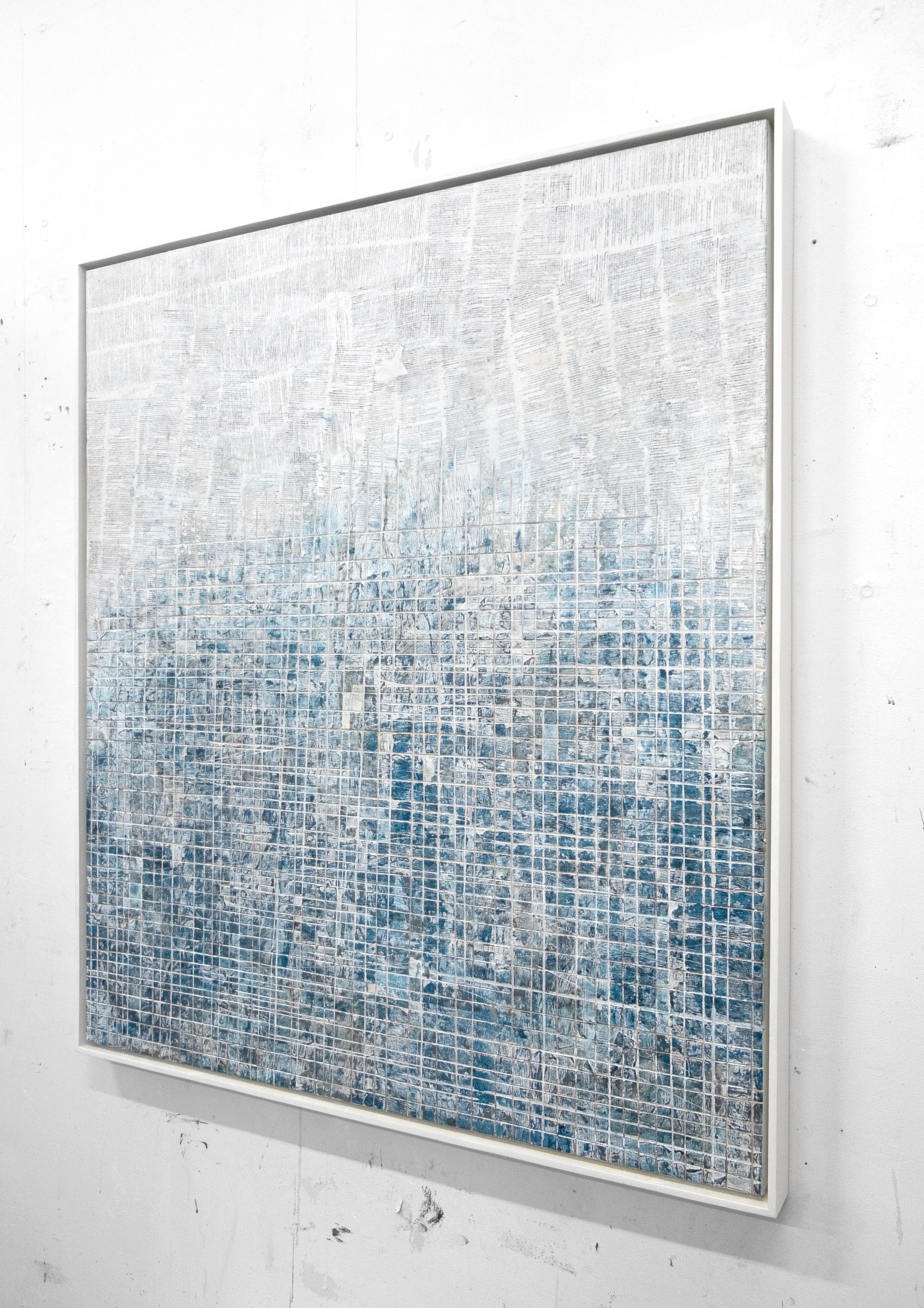 The Block Party- street art blue and white abstract framed carved painting  - Painting by David Fredrik Moussallem