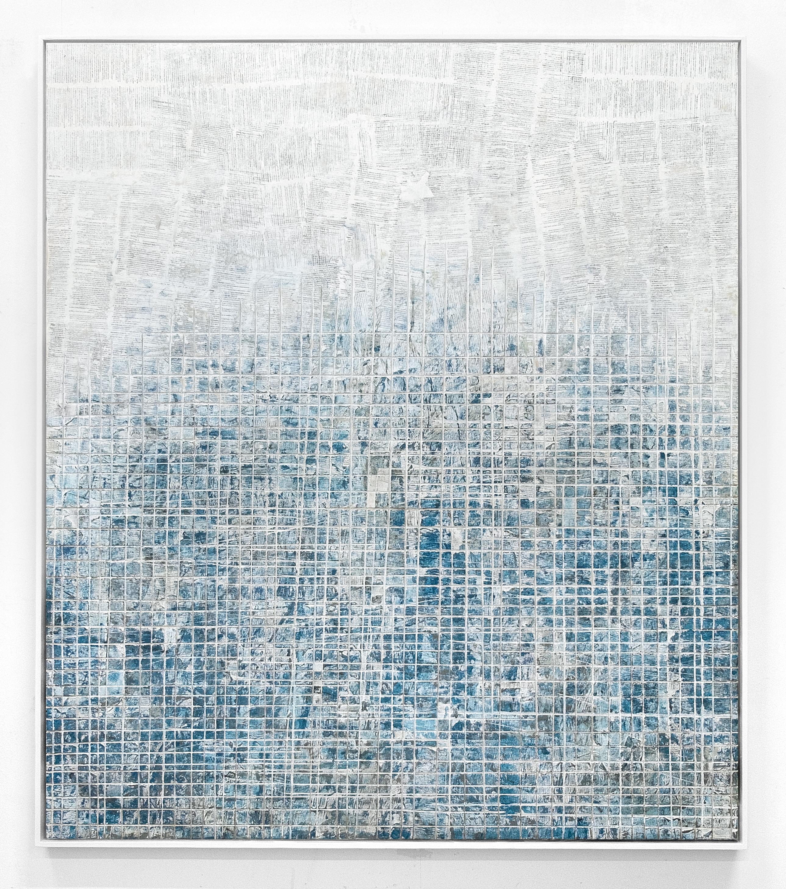 David Fredrik Moussallem Abstract Painting - The Block Party- street art blue and white abstract framed carved painting 
